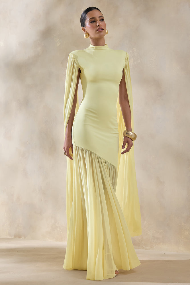 Chantelle Lemon High-Neck Maxi Dress With Drop-Waist And Cape-Sleeve – Club  L London