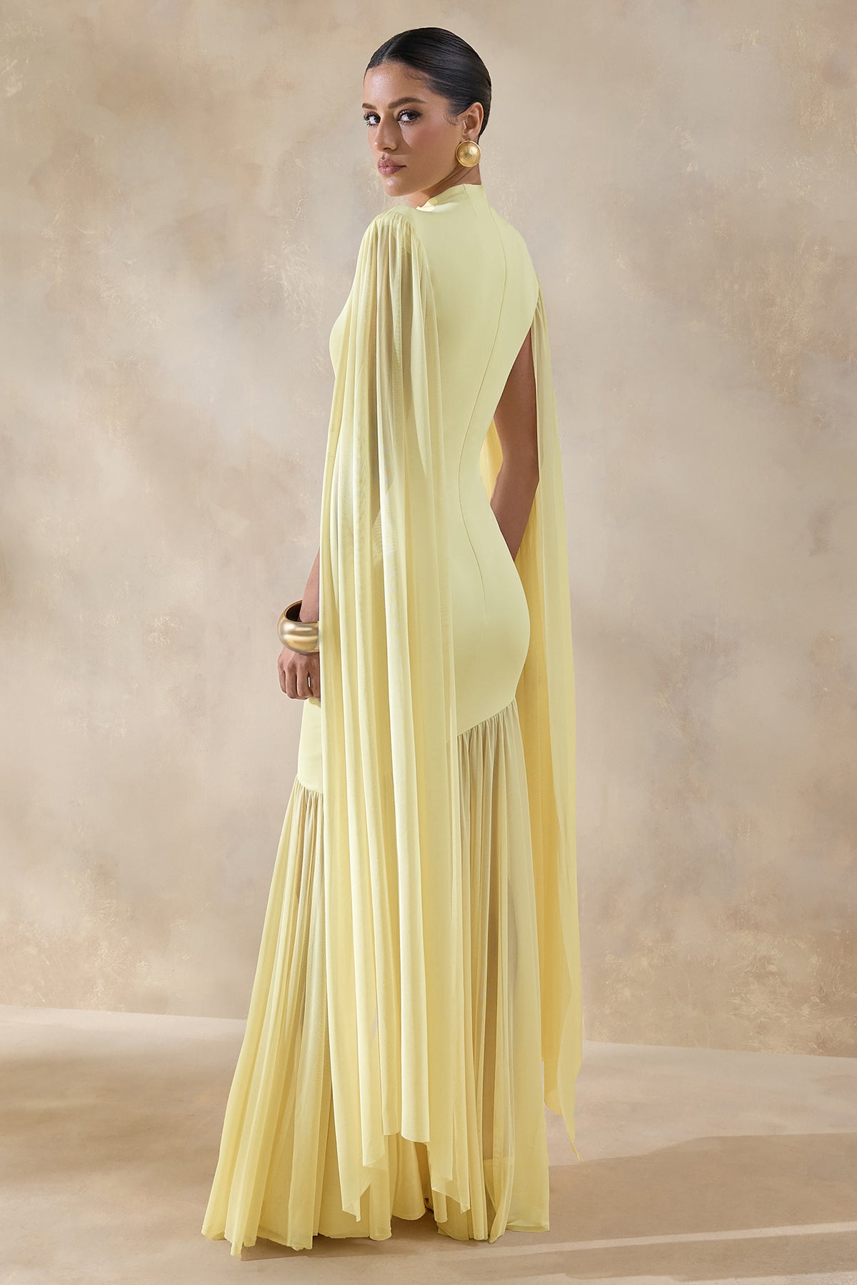 Chantelle | Lemon High-Neck Maxi Dress With Drop-Waist And Cape-Sleeves - UK 10 Lemon Chantelle | Lemon High-Neck Maxi Dress With Drop-Waist And Cape-Sleeves - UK 10 Lemon