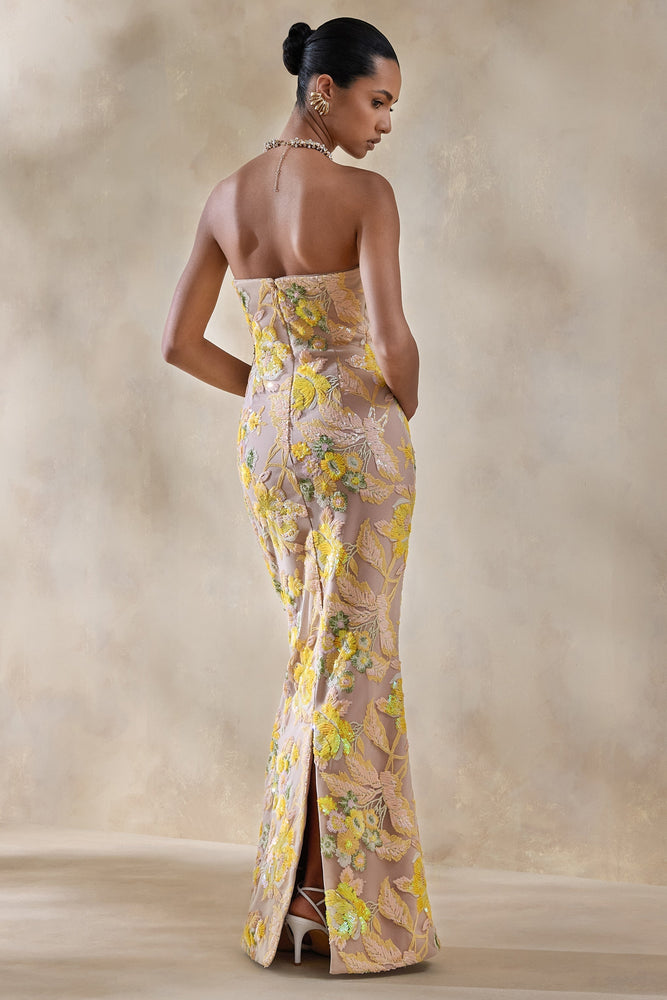 yellow flower maxi dress Severn Yellow Embellished Floral Bandeau Maxi Dress – Club L London
