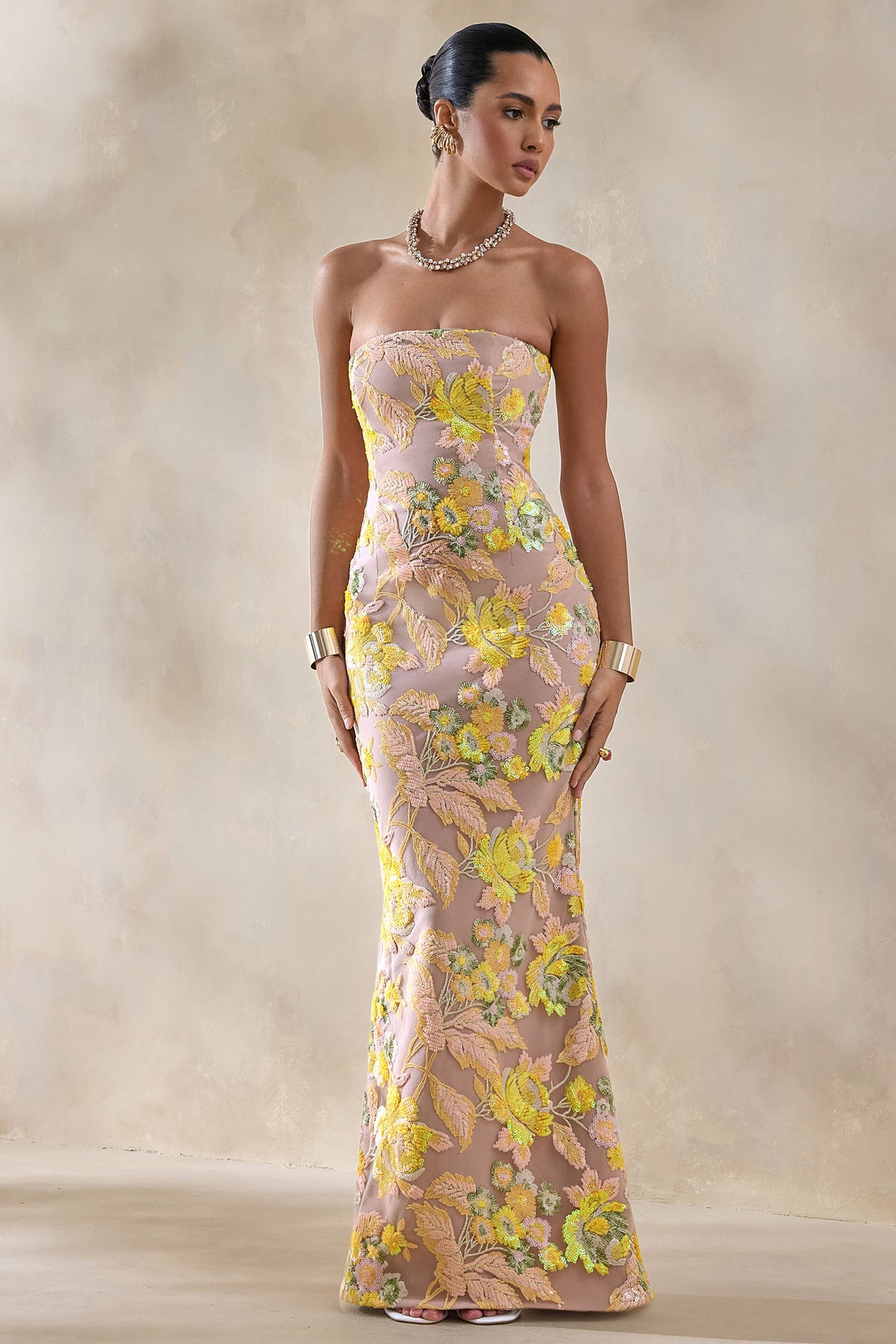 Severn Yellow Embellished Floral Bandeau Maxi Dress Club L London - USA Severn Yellow Embellished Floral Bandeau Maxi Dress Club L London - USA