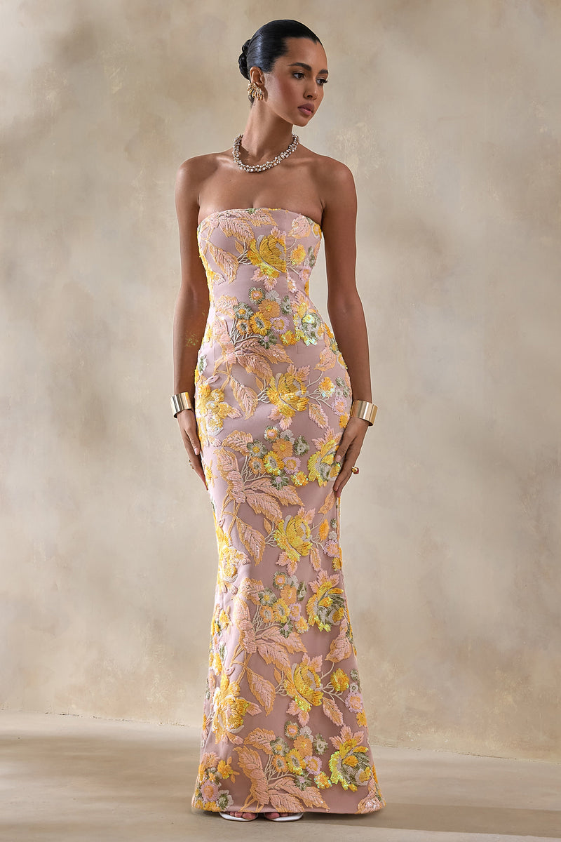 Vitora | Pastel Floral Print Embellished Sequin Square-Neck Maxi Dress