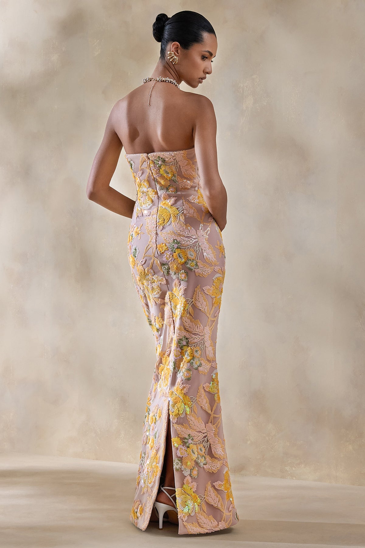 Severn Yellow Embellished Floral Bandeau Maxi Dress Club L London - USA Severn Yellow Embellished Floral Bandeau Maxi Dress Club L London - USA