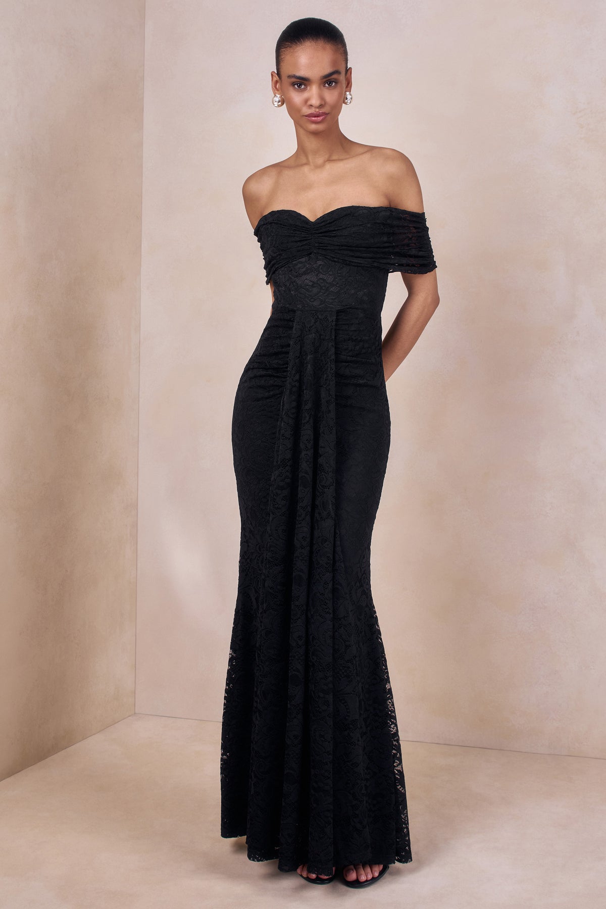 Aries Black Lace Bardot-Neck Maxi Dress With Gathered Detailing Club L London - USA Aries Black Lace Bardot-Neck Maxi Dress With Gathered Detailing Club L London - USA