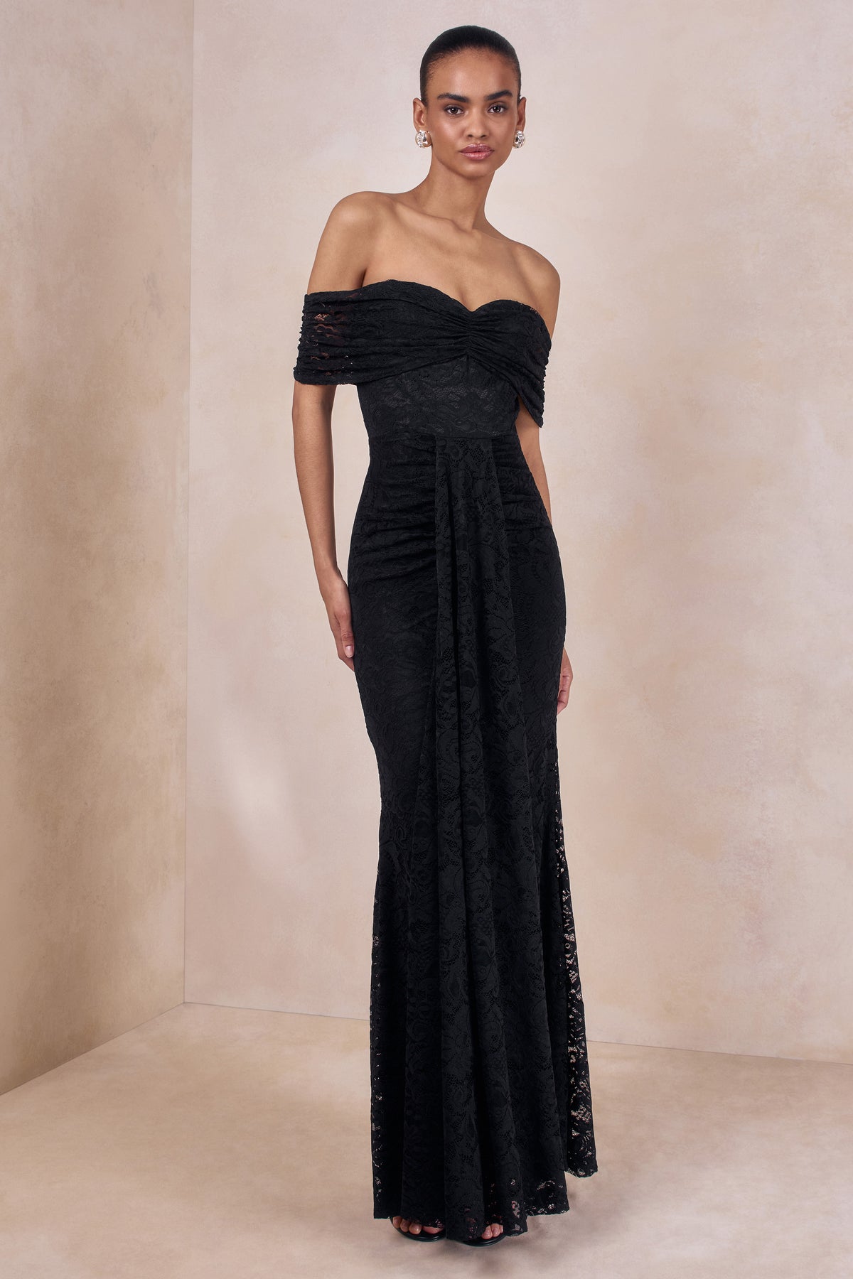 Aries | Black Lace Bardot-Neck Maxi Dress With Gathered Detailing - UK 12 Black Aries | Black Lace Bardot-Neck Maxi Dress With Gathered Detailing - UK 12 Black