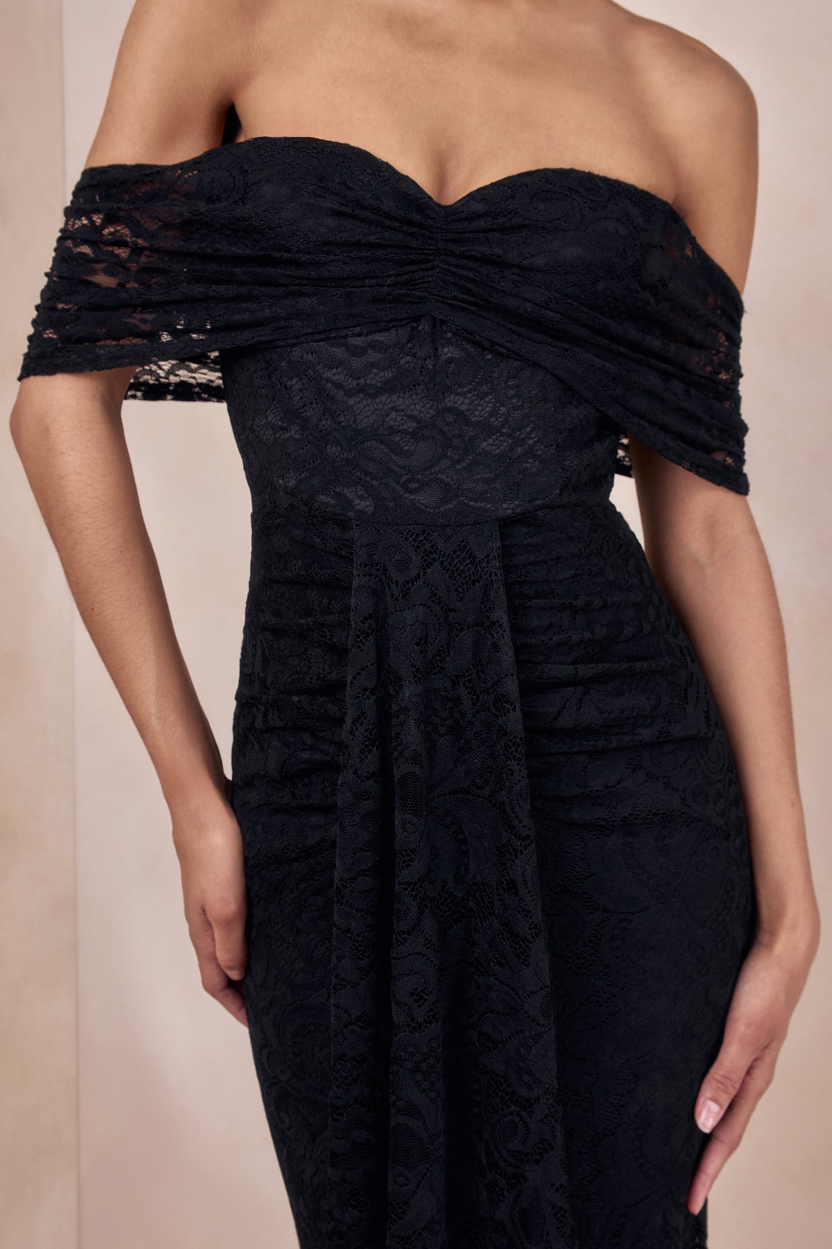 Aries | Black Lace Bardot-Neck Maxi Dress With Gathered Detailing - UK 12 Black Aries | Black Lace Bardot-Neck Maxi Dress With Gathered Detailing - UK 12 Black