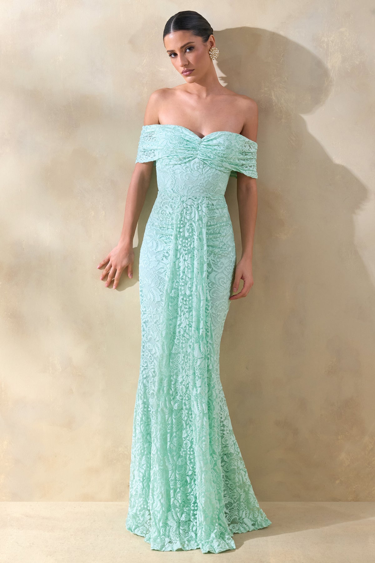Aries | MINT Lace Bardot-Neck Maxi Dress With Gathered Detailing - UK 14 MINT Aries | MINT Lace Bardot-Neck Maxi Dress With Gathered Detailing - UK 14 MINT