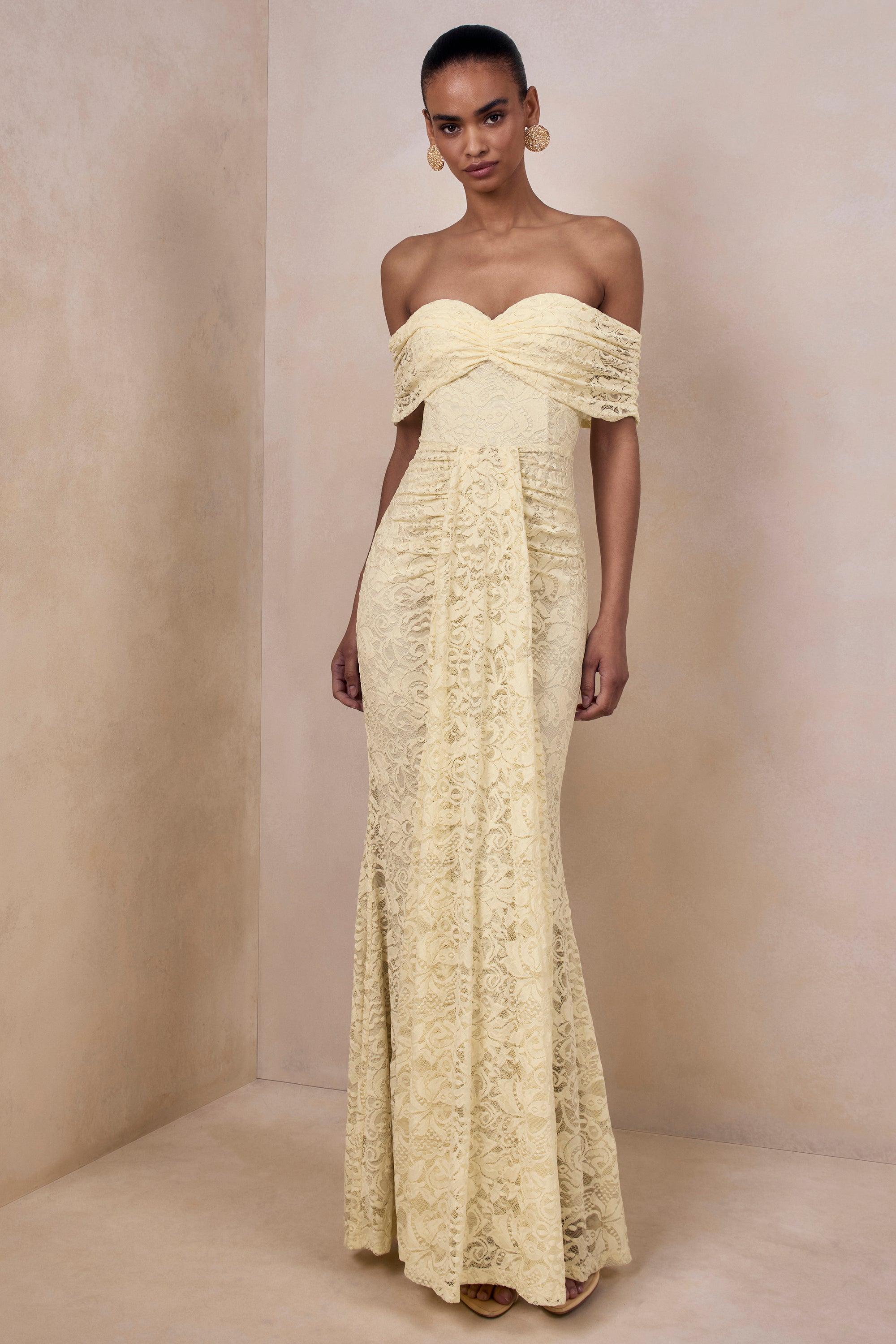 bardot lace maxi dress Long Sleeve Draped Bardot Lace Maxi Dress Yellow