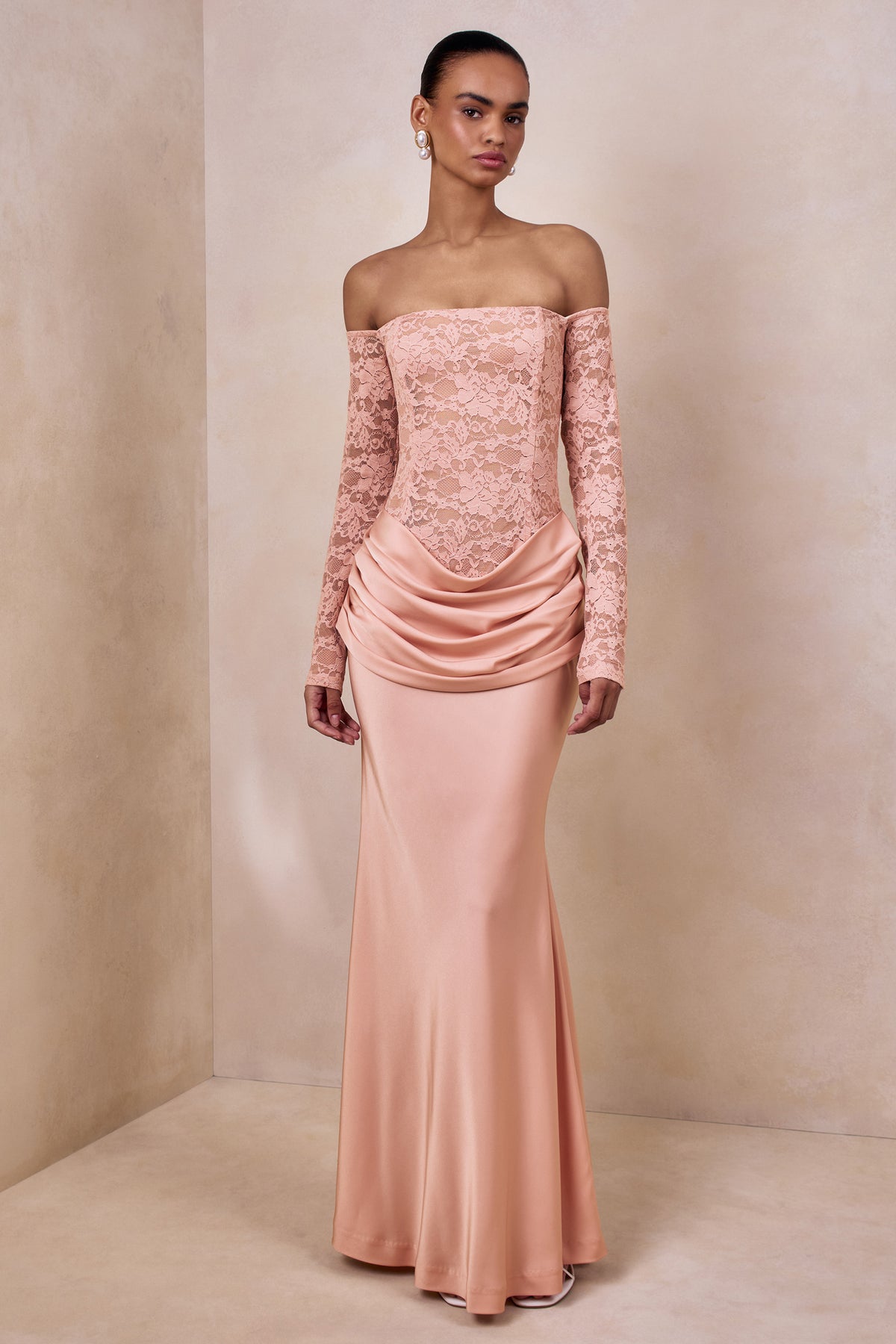 Rinna | PINK Lace And Satin Bardot-Neck Maxi Dress - UK 10 PINK Rinna | PINK Lace And Satin Bardot-Neck Maxi Dress - UK 10 PINK