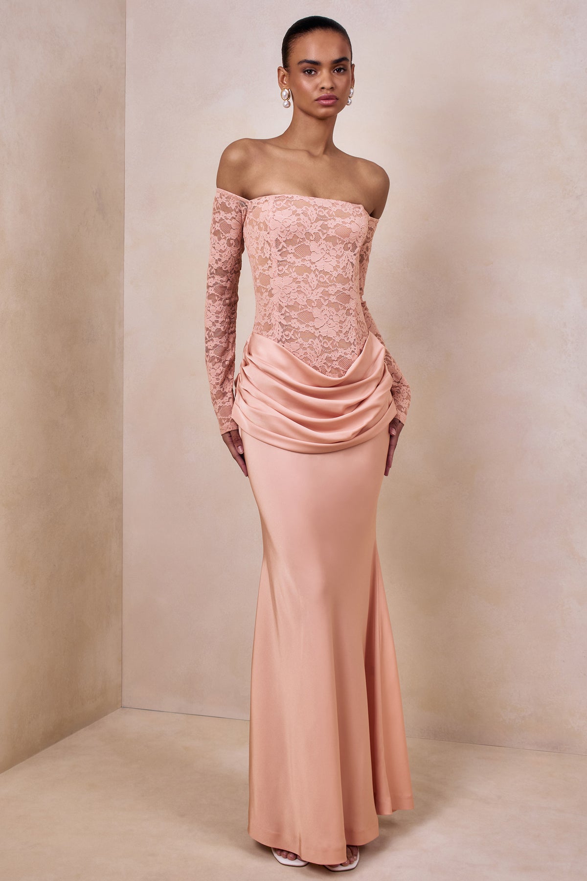 Rinna | PINK Lace And Satin Bardot-Neck Maxi Dress - UK 10 PINK Rinna | PINK Lace And Satin Bardot-Neck Maxi Dress - UK 10 PINK