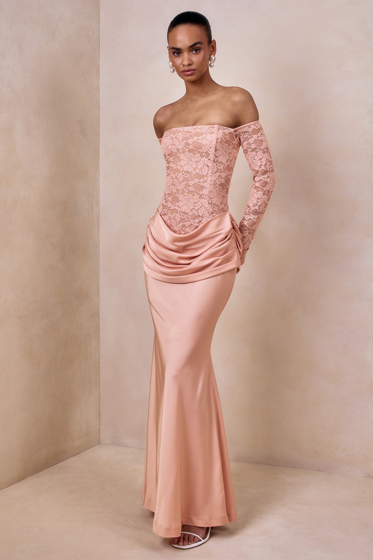 Rinna Pink Lace And Satin Bardot-Neck Maxi Dress Club L London - USA Rinna Pink Lace And Satin Bardot-Neck Maxi Dress Club L London - USA