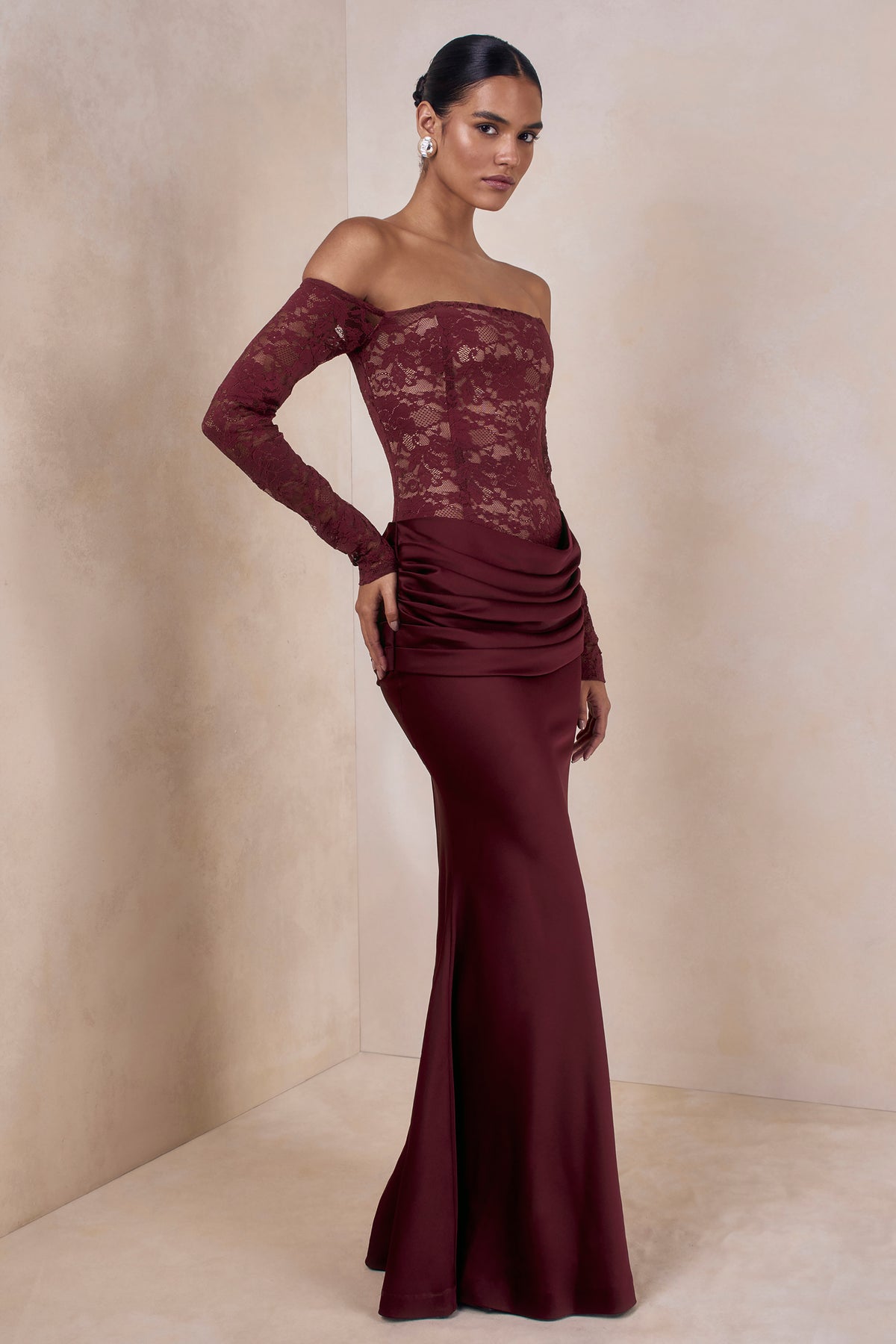 Rinna Burgundy Lace Bardot-Neck Maxi Dress – Club L London