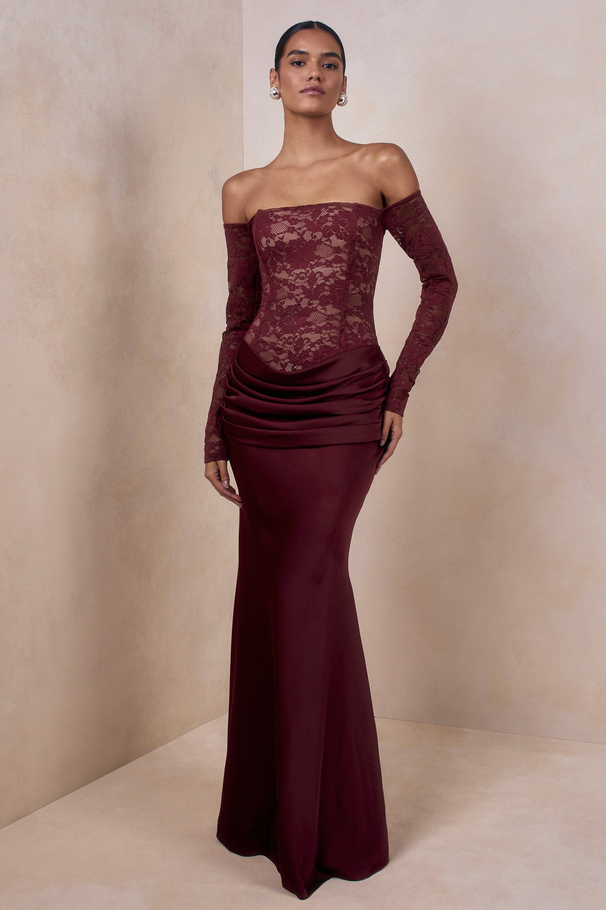 Rinna | Burgundy Lace Bardot-Neck Maxi Dress - UK 8 Burgundy
