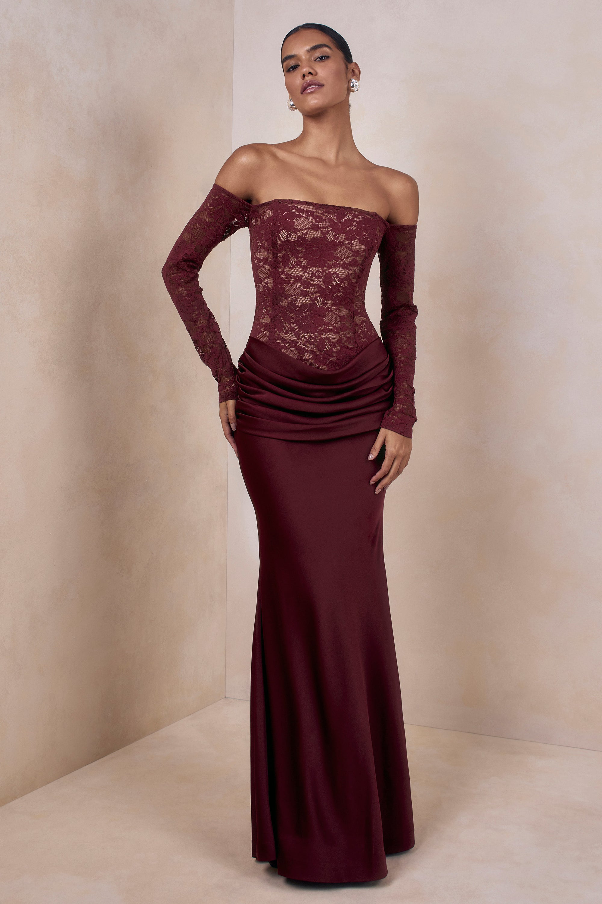 Rinna | Burgundy Lace Bardot-Neck Maxi Dress