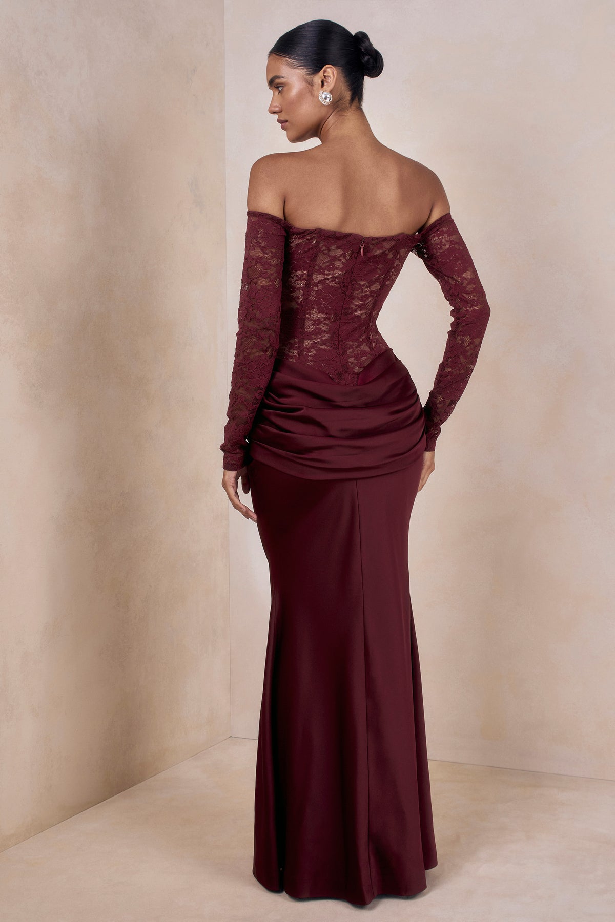 Rinna | Burgundy Lace Bardot-Neck Maxi Dress - UK 8 Burgundy Rinna | Burgundy Lace Bardot-Neck Maxi Dress - UK 8 Burgundy