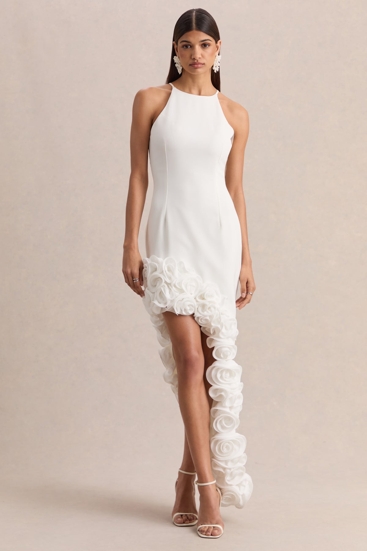 Indira White Halter-Neck Maxi Dress With Asymmetric-Floral Hem Club L London - USA Indira White Halter-Neck Maxi Dress With Asymmetric-Floral Hem Club L London - USA