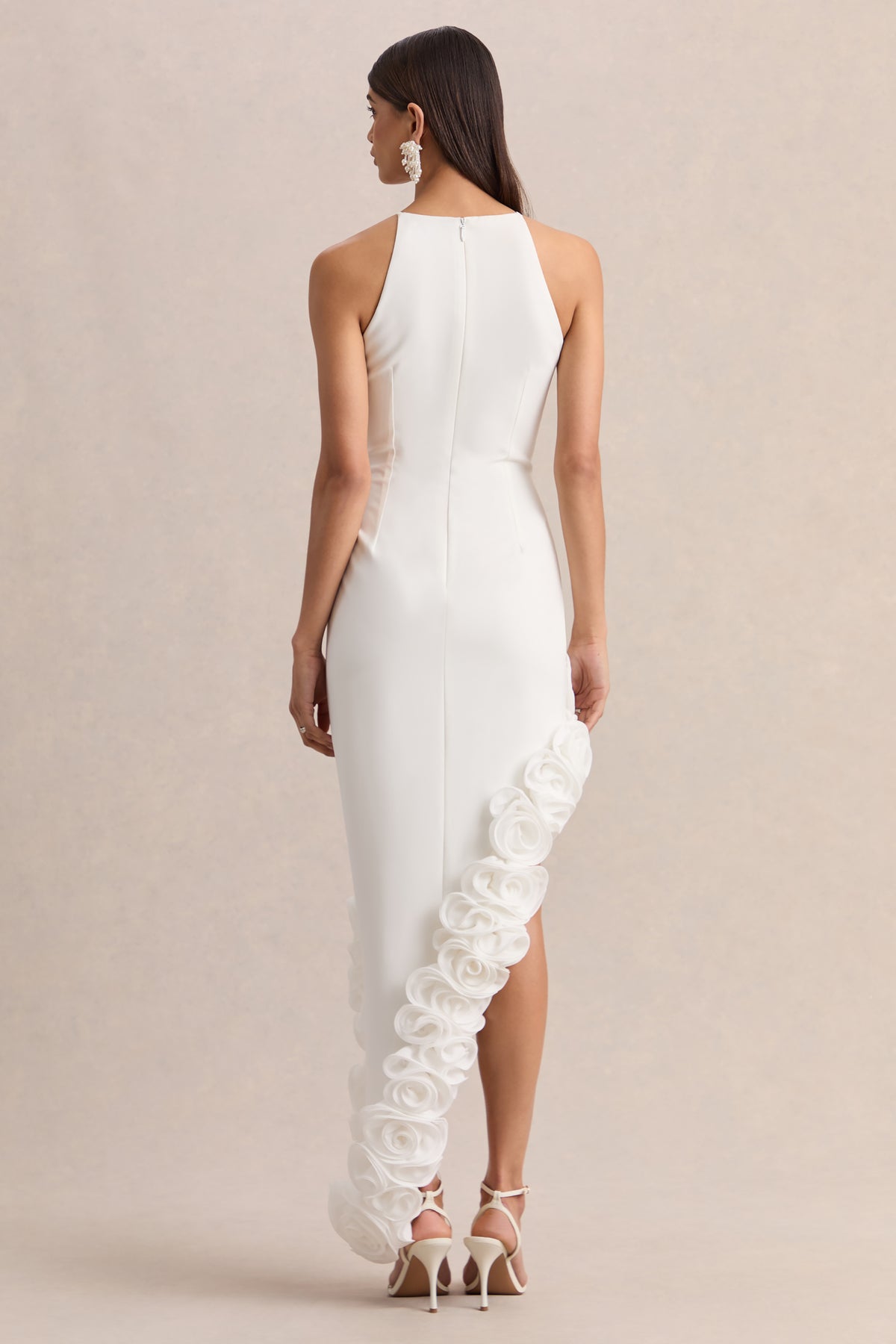 Indira White Halter-Neck Maxi Dress With Asymmetric-Floral Hem Club L London - USA Indira White Halter-Neck Maxi Dress With Asymmetric-Floral Hem Club L London - USA