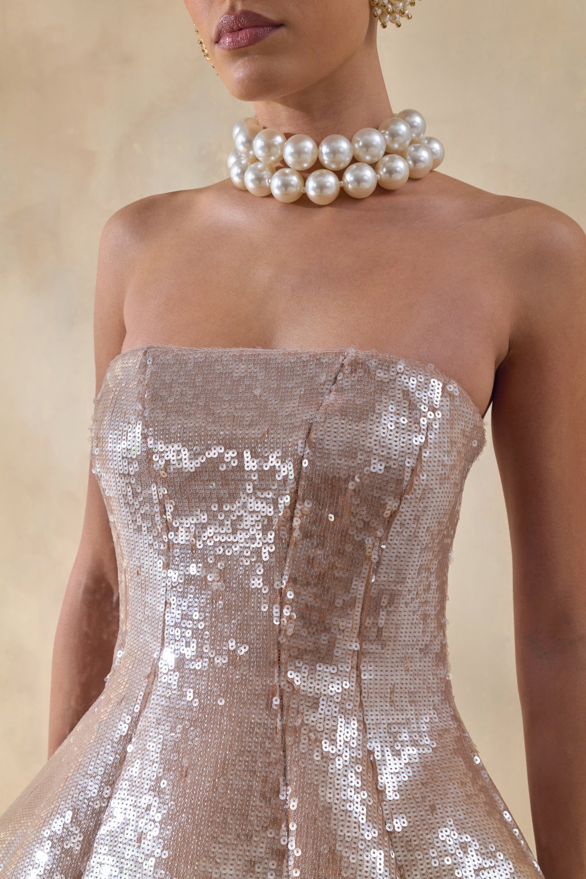 nude corset dress Dalisse | NUDE Sequin Bandeau Corset Maxi Dress