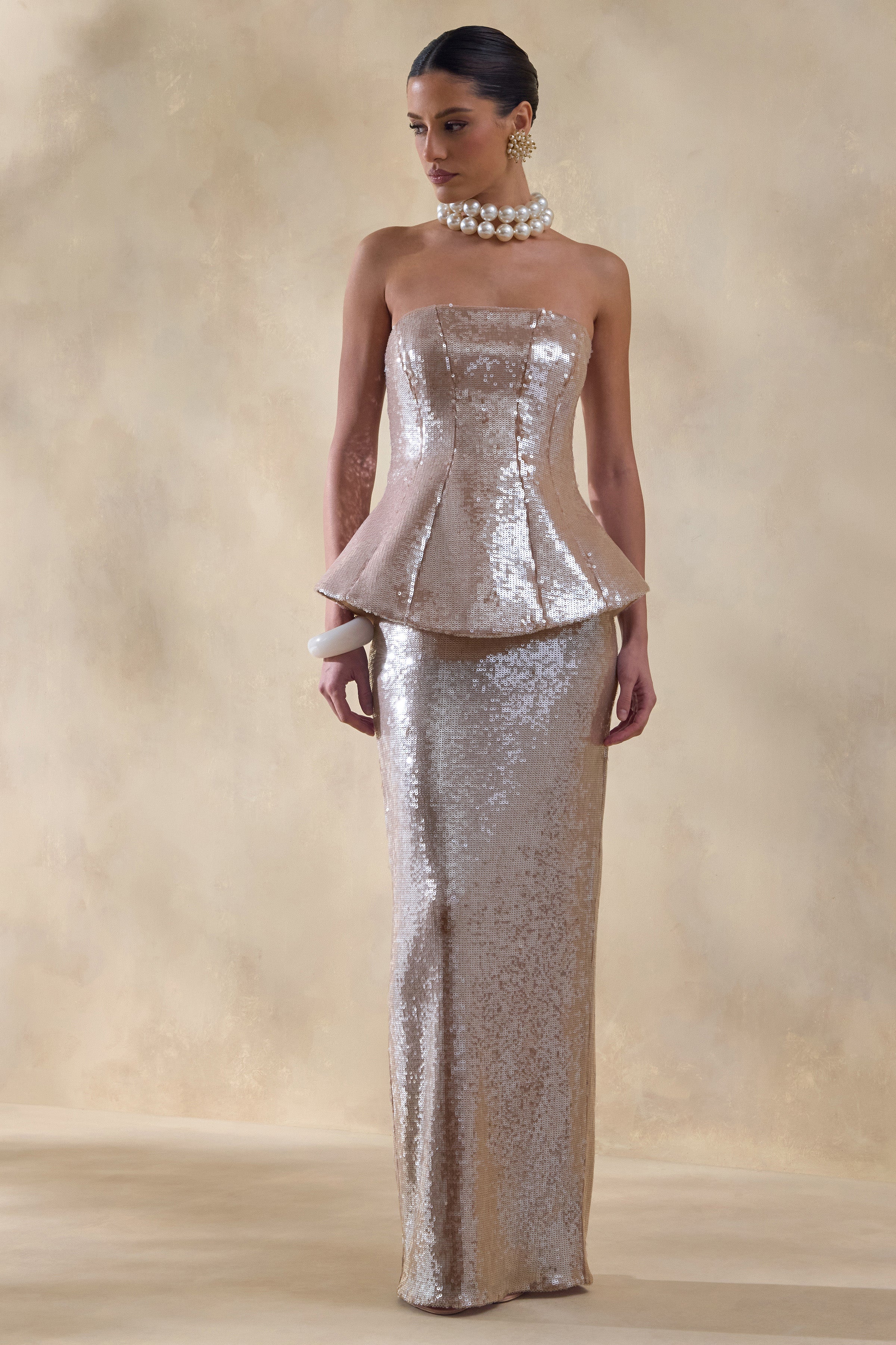 Dalisse | Nude Sequin Bandeau Corset Maxi Dress – Club L London - USA
