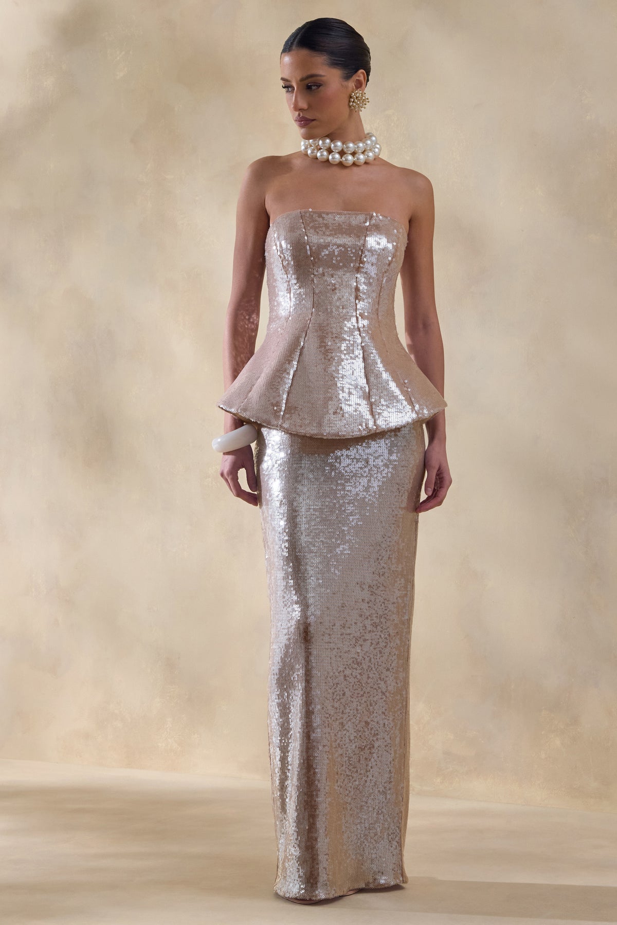 Dalisse | NUDE Sequin Bandeau Corset Maxi Dress - UK 12 NUDE Dalisse | NUDE Sequin Bandeau Corset Maxi Dress - UK 12 NUDE
