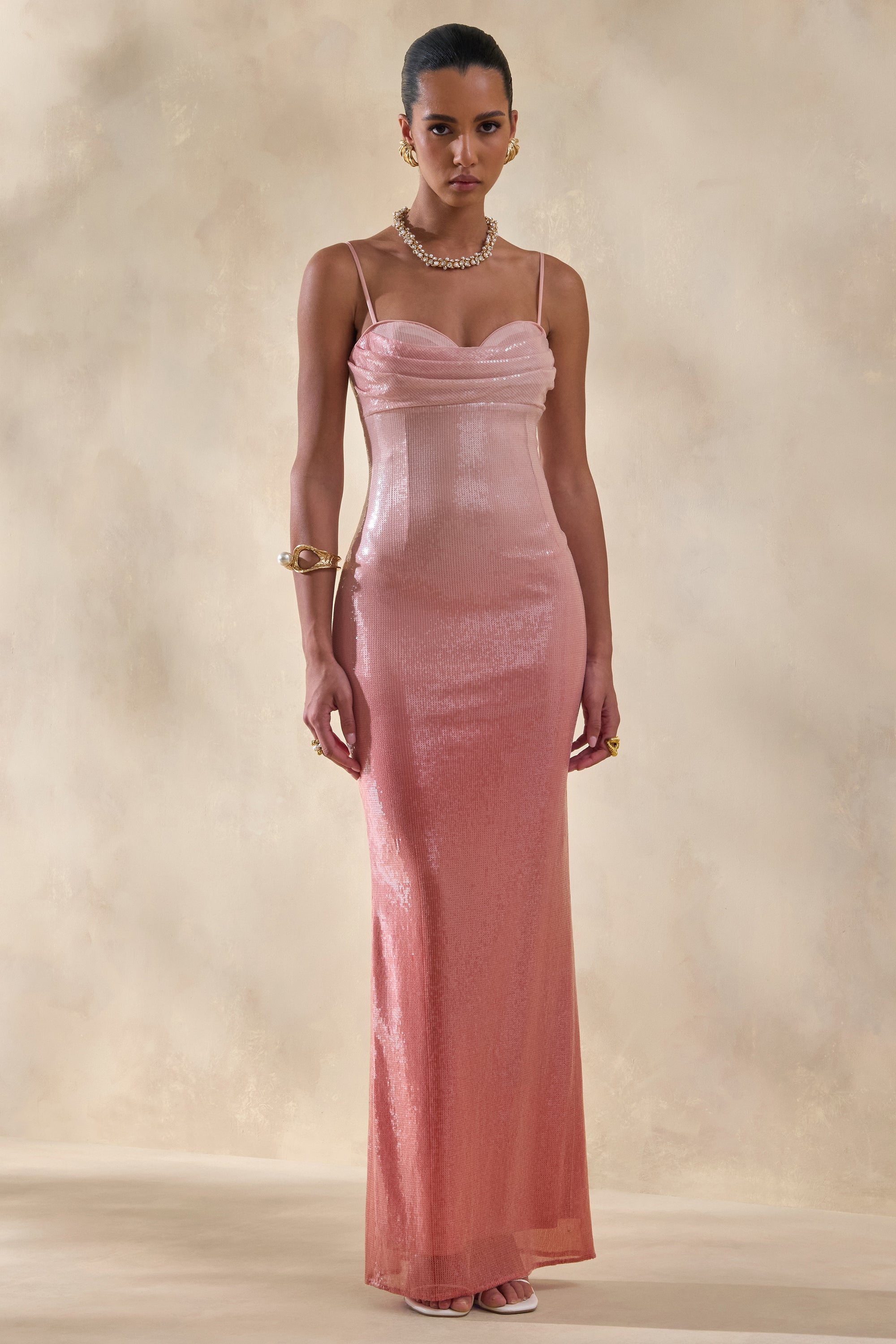 sequin coral bridesmaid dresses Feloria | Coral Ombre Sequin Cowl-Neck Maxi Dress Club L London