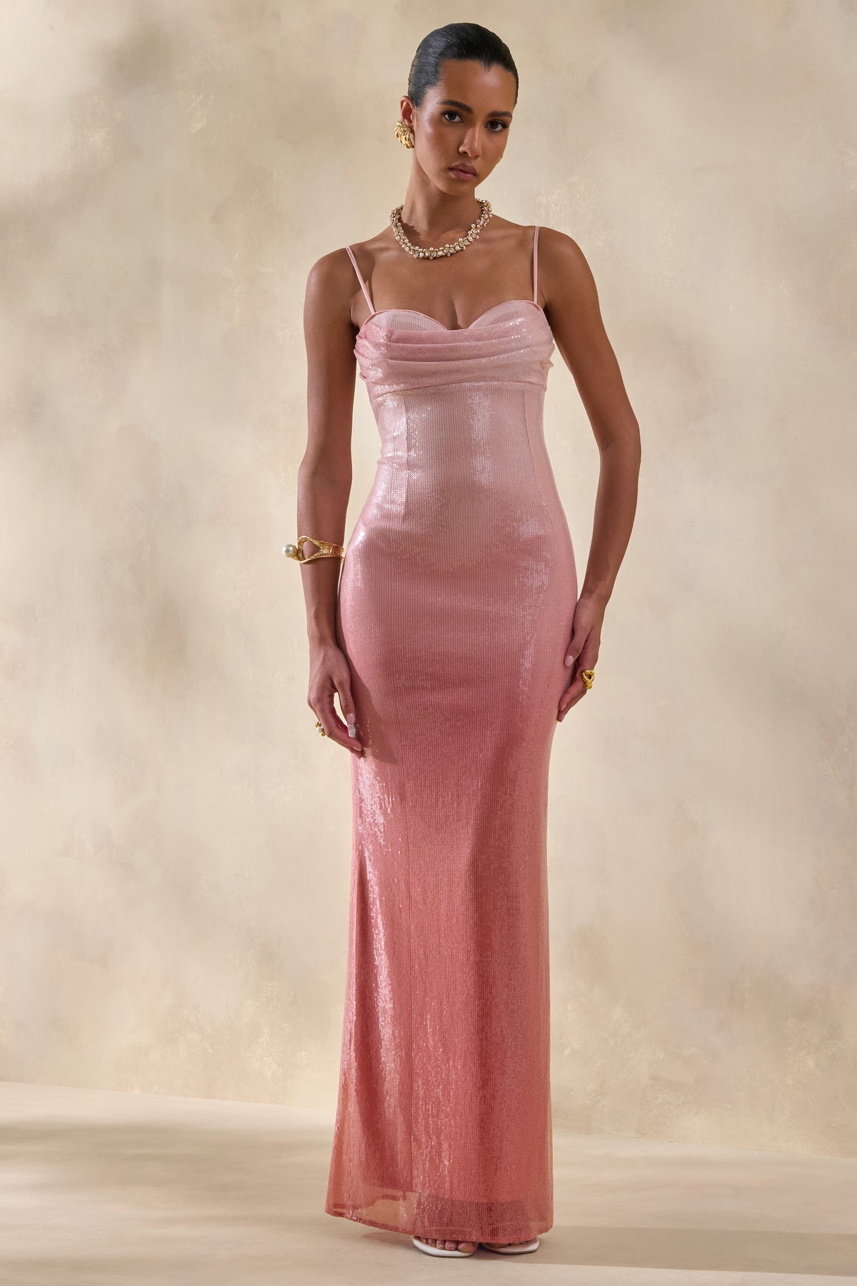 Feloria | Coral Ombre Sequin Cowl-Neck Maxi Dress - UK 6 Coral Feloria | Coral Ombre Sequin Cowl-Neck Maxi Dress - UK 6 Coral