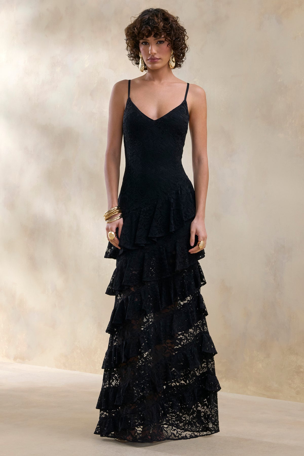 plunge neck maxi dress Avelisse | Black Lace Plunge-Neck Maxi Dress With Ruffled Detailing