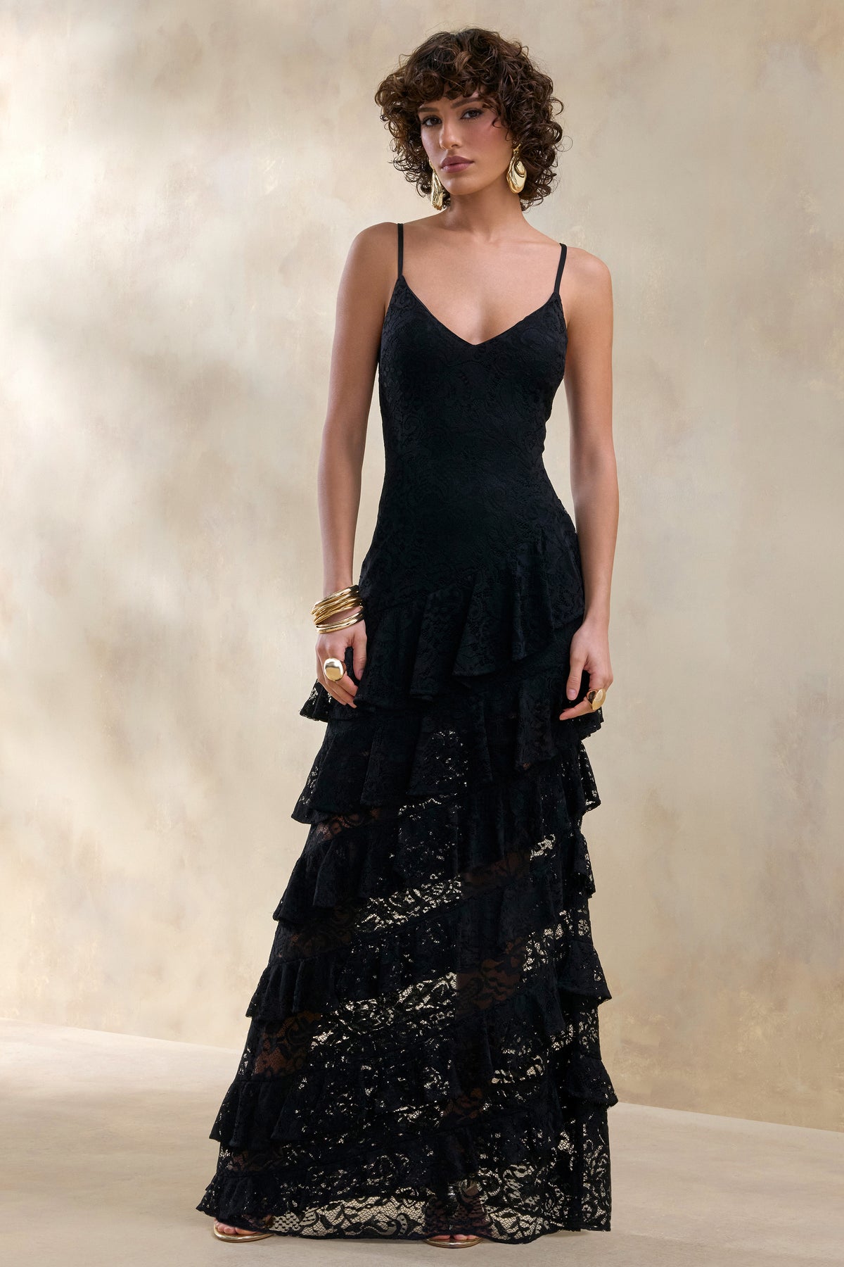 Avelisse | Black Lace Plunge-Neck Maxi Dress With Ruffled Detailing - UK 6 Black