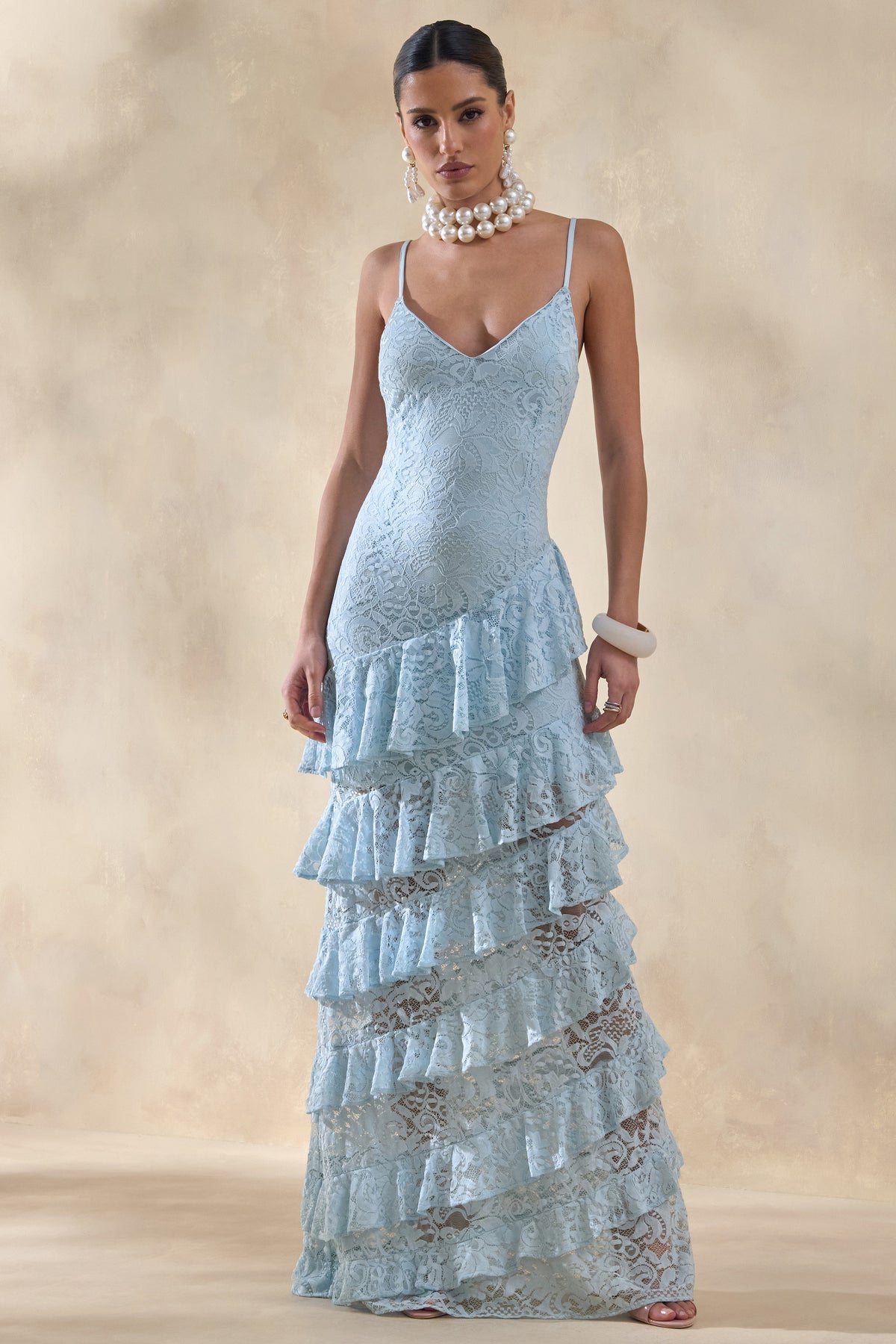 Avelisse Blue Lace Plunge-Neck Maxi Dress With Ruffled Detailing Club L London - USA Avelisse Blue Lace Plunge-Neck Maxi Dress With Ruffled Detailing Club L London - USA
