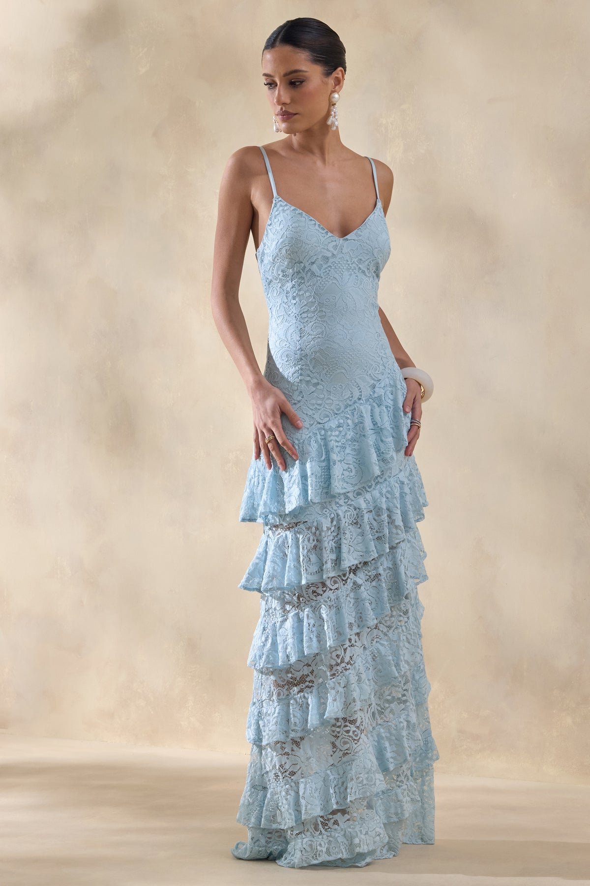 Avelisse | BLUE Lace Plunge-Neck Maxi Dress With Ruffled Detailing - UK 6 BLUE Avelisse | BLUE Lace Plunge-Neck Maxi Dress With Ruffled Detailing - UK 6 BLUE
