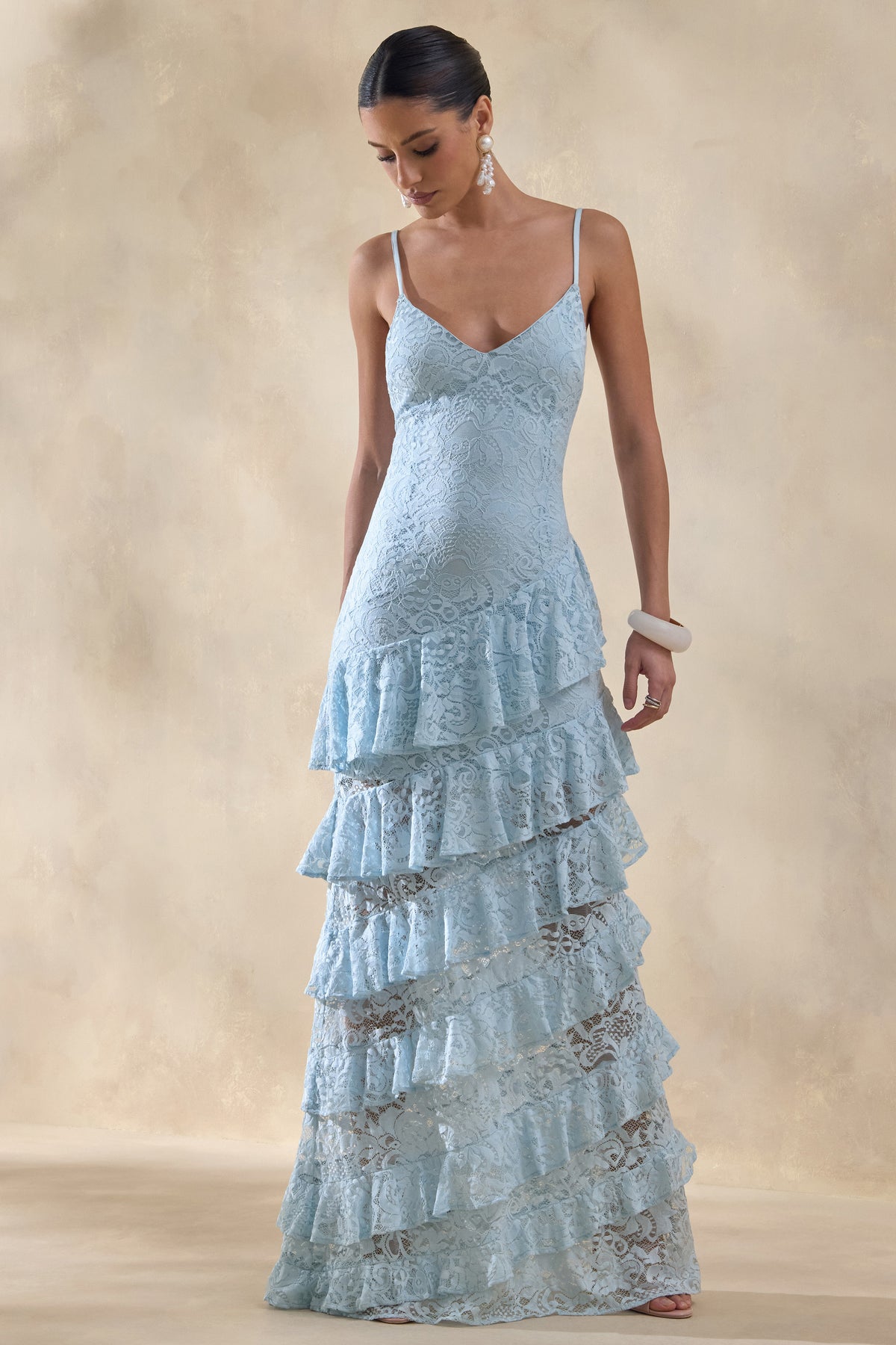 Avelisse Blue Lace Plunge-Neck Maxi Dress With Ruffled Detailing Club L London - USA Avelisse Blue Lace Plunge-Neck Maxi Dress With Ruffled Detailing Club L London - USA