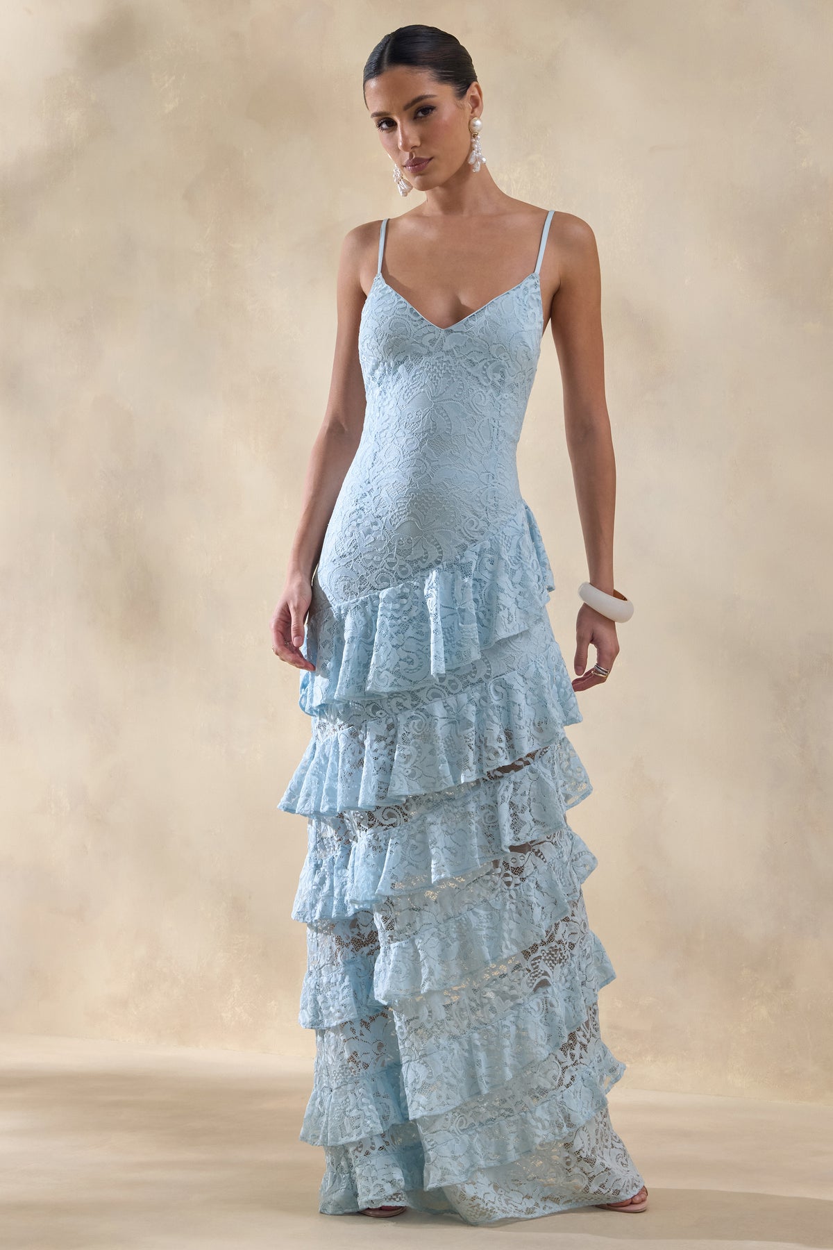 Avelisse Blue Lace Plunge-Neck Maxi Dress With Ruffled Detailing Club L London - USA Avelisse Blue Lace Plunge-Neck Maxi Dress With Ruffled Detailing Club L London - USA