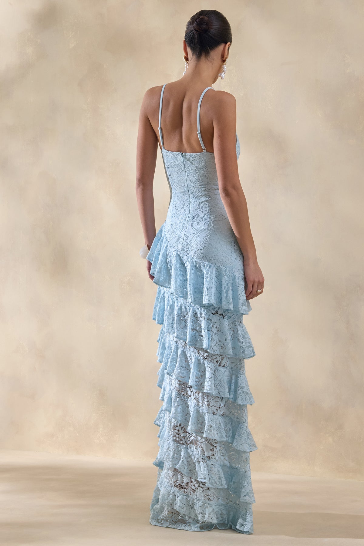 Avelisse Blue Lace Plunge-Neck Maxi Dress With Ruffled Detailing Club L London - USA Avelisse Blue Lace Plunge-Neck Maxi Dress With Ruffled Detailing Club L London - USA