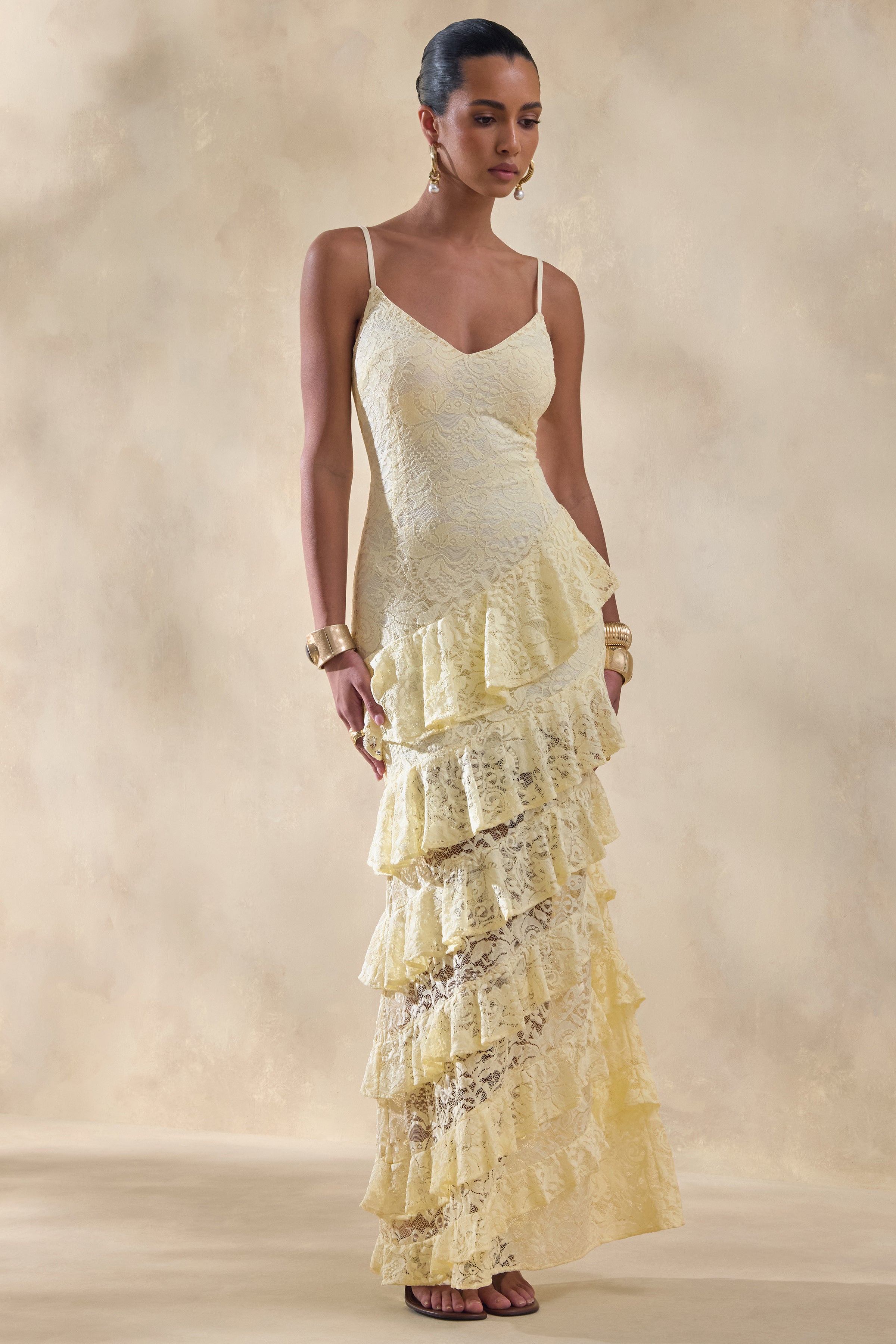 Avelisse | Lemon Lace Plunge-Neck Maxi Dress With Ruffled