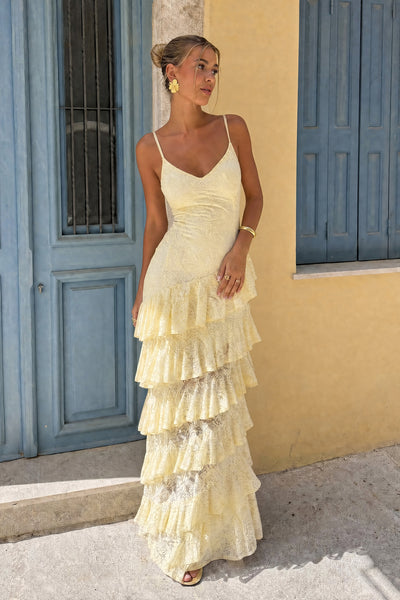 Avelisse | Lemon Lace Plunge-Neck Maxi Dress With Ruffled
