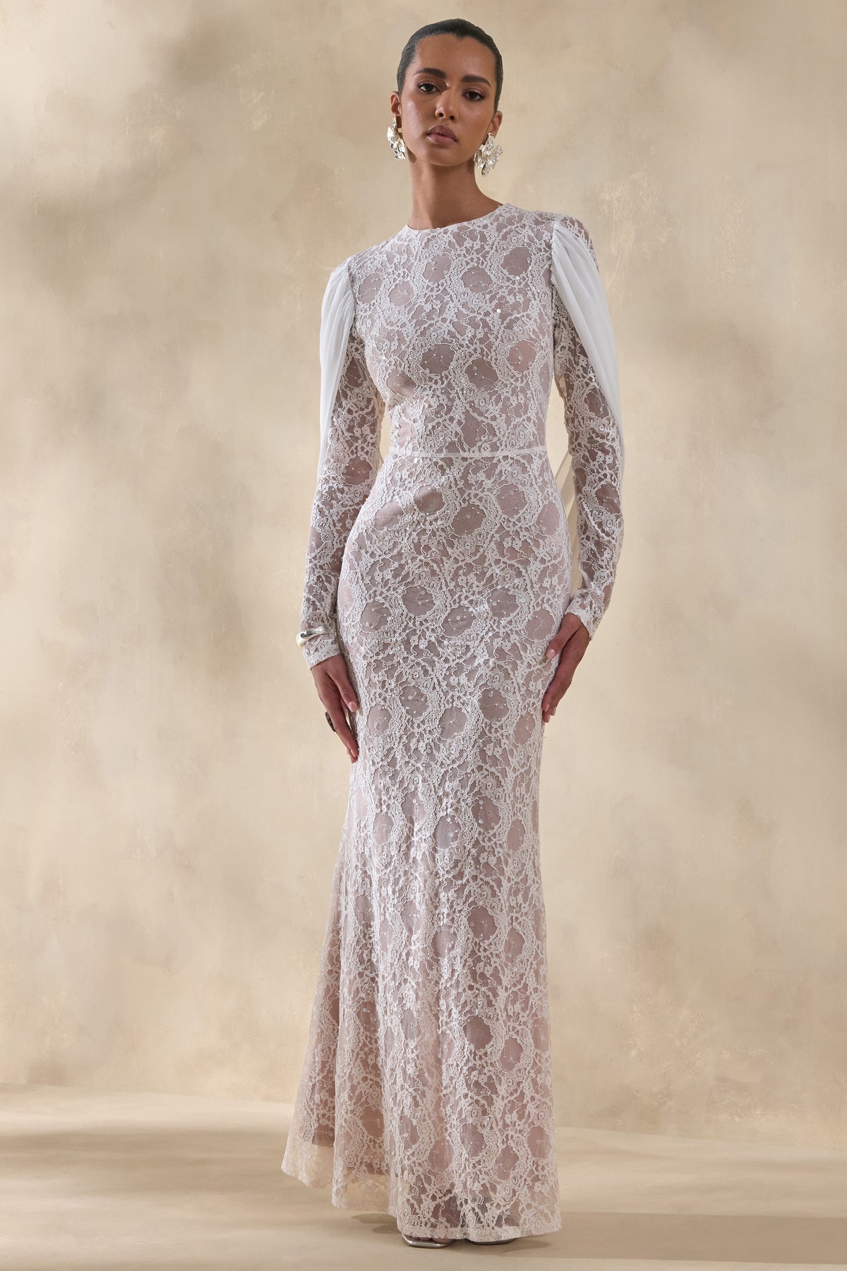 Nabina | White Lace Crew-Neck Maxi Dress With Draped Back-Detail - UK 6 White Nabina | White Lace Crew-Neck Maxi Dress With Draped Back-Detail - UK 6 White