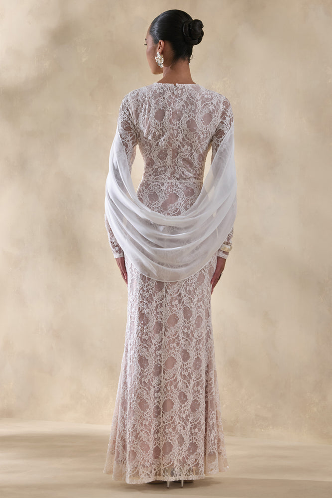 Nabina White Lace Crew-Neck Maxi Dress With Draped Back-Detail