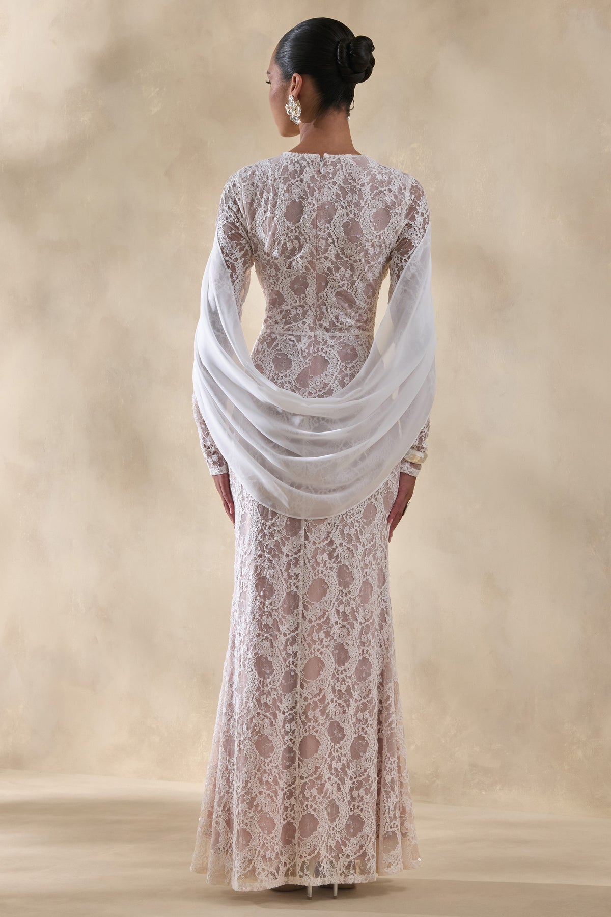 Nabina White Lace Crew-Neck Maxi Dress With Draped Back-Detail Club L London - USA Nabina White Lace Crew-Neck Maxi Dress With Draped Back-Detail Club L London - USA