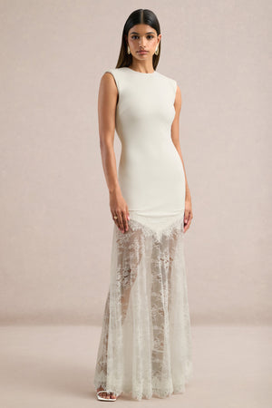 Fianna | White Jersey High Neck Maxi Dress With Sheer Lace Detailing – Club L London
