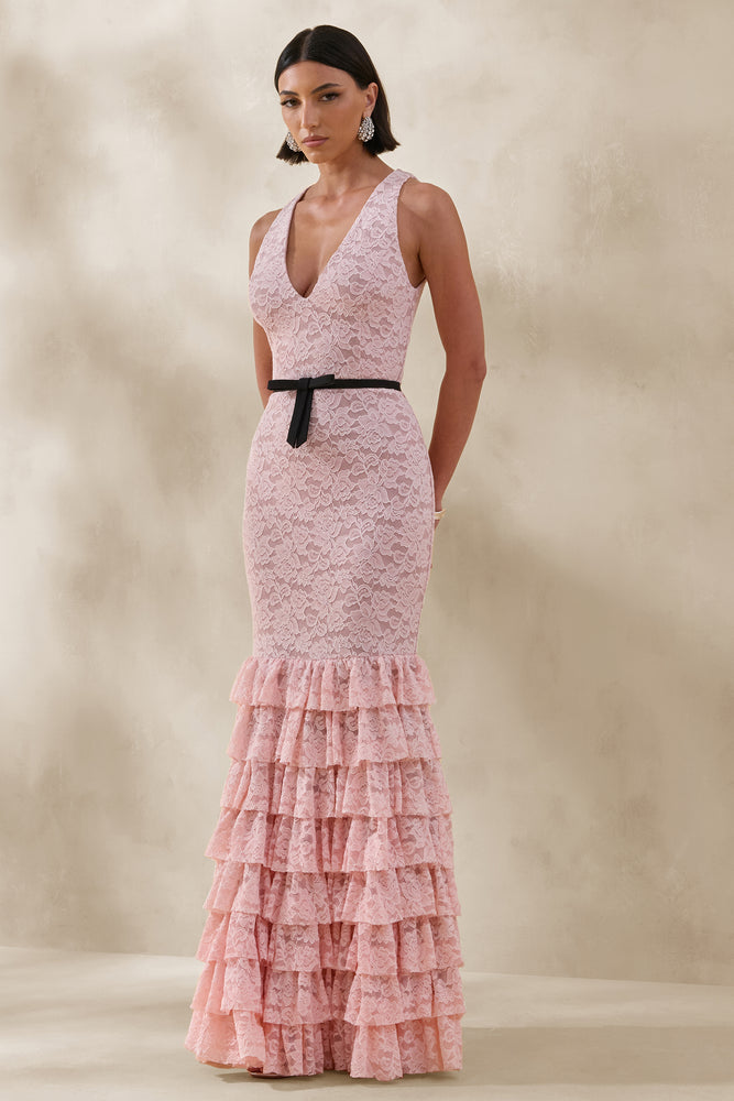 Isoria | PINK And Black Lace Halter-Neck Maxi Dress With Bow-Belt Detail Isoria | PINK And Black Lace Halter-Neck Maxi Dress With Bow-Belt Detail