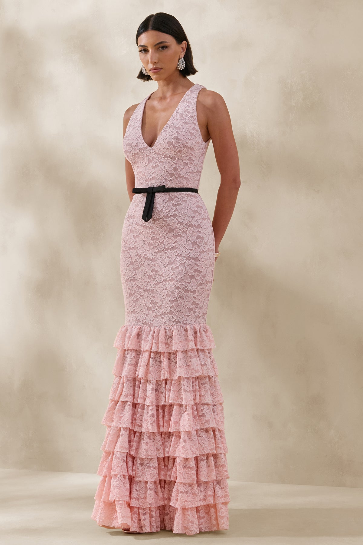 Isoria | PINK And Black Lace Halter-Neck Maxi Dress With Bow-Belt Detail - UK 14 PINK Isoria | PINK And Black Lace Halter-Neck Maxi Dress With Bow-Belt Detail - UK 14 PINK
