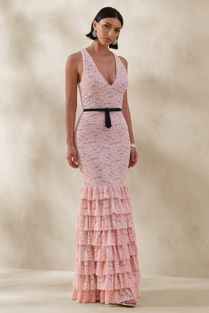 cabi bow halter maxi dress Isoria | PINK And Black Lace Halter-Neck Maxi Dress With Bow-Belt Detail