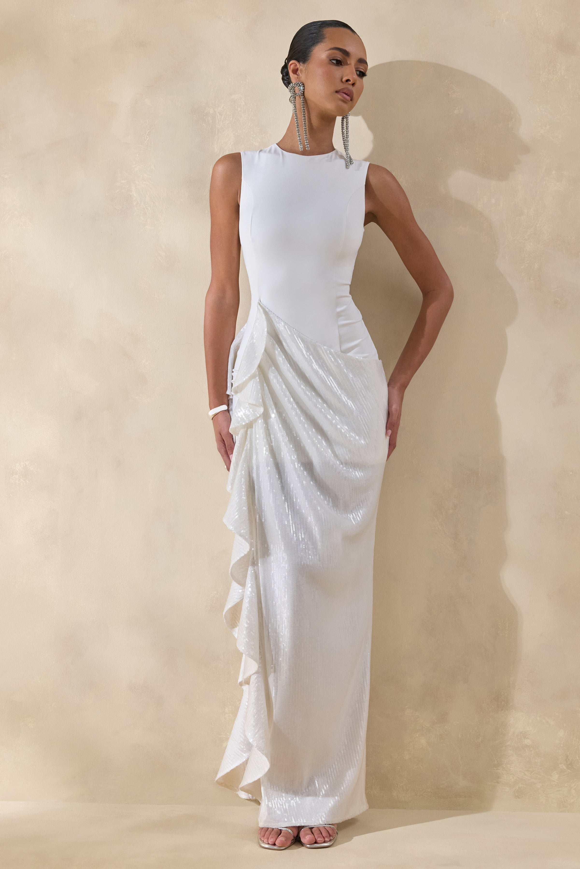 Ada | White Crew-Neck Maxi Dress With Sheer Sequin Skirt And