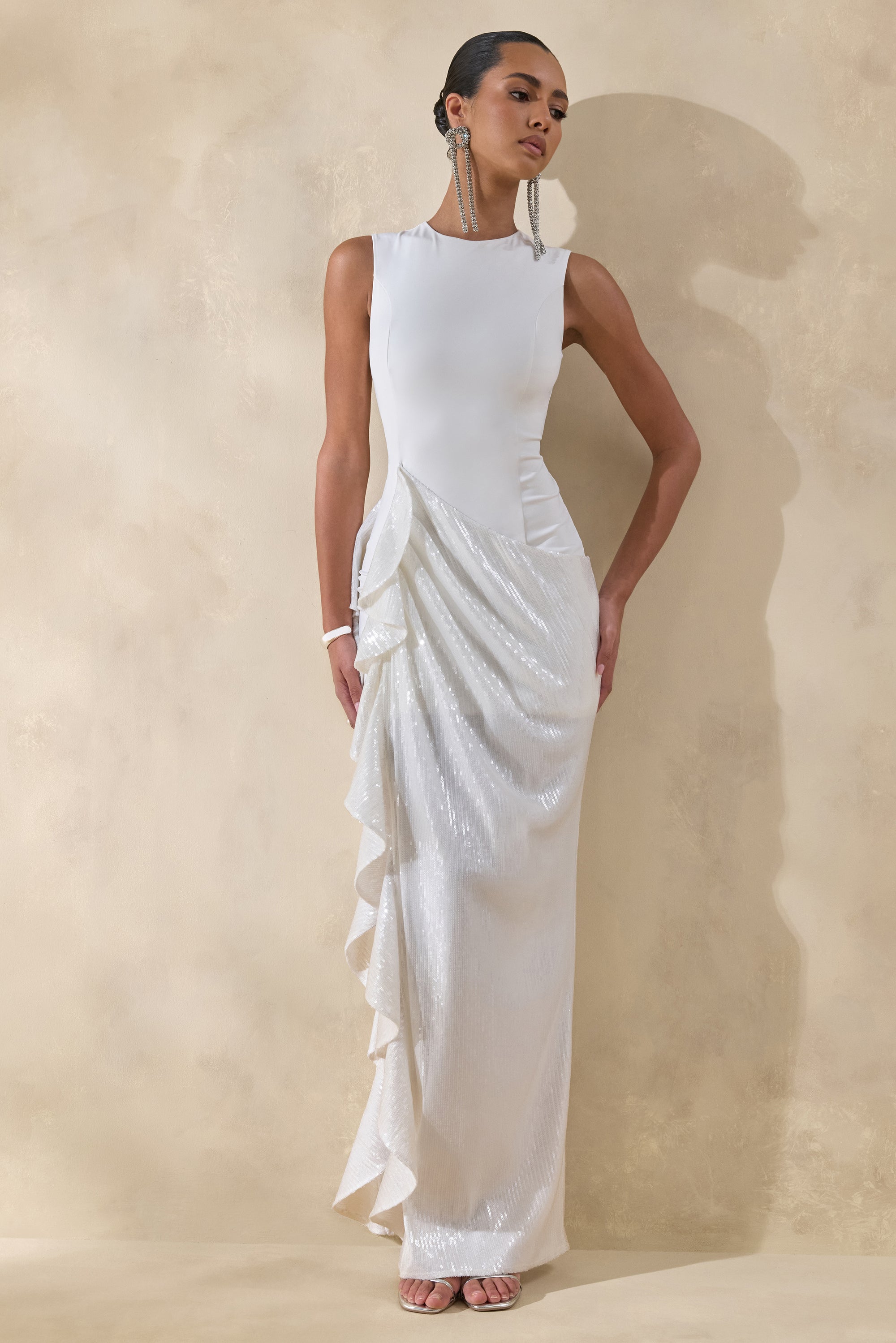 white sheer maxi dress Bridal Lace Flared Dune XS Do Not Bleach Ada | White Crew-Neck Maxi