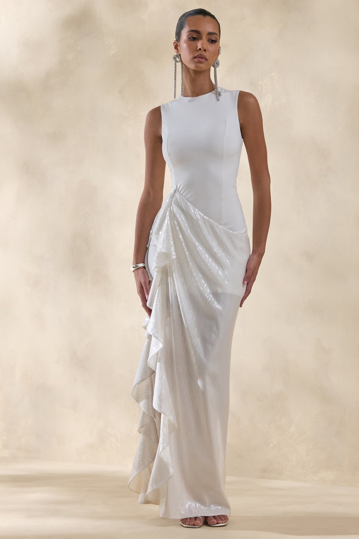 Ada | White Crew-Neck Maxi Dress With Sheer Skirt And Ruffled Detailing - UK 14 White Ada | White Crew-Neck Maxi Dress With Sheer Skirt And Ruffled Detailing - UK 14 White