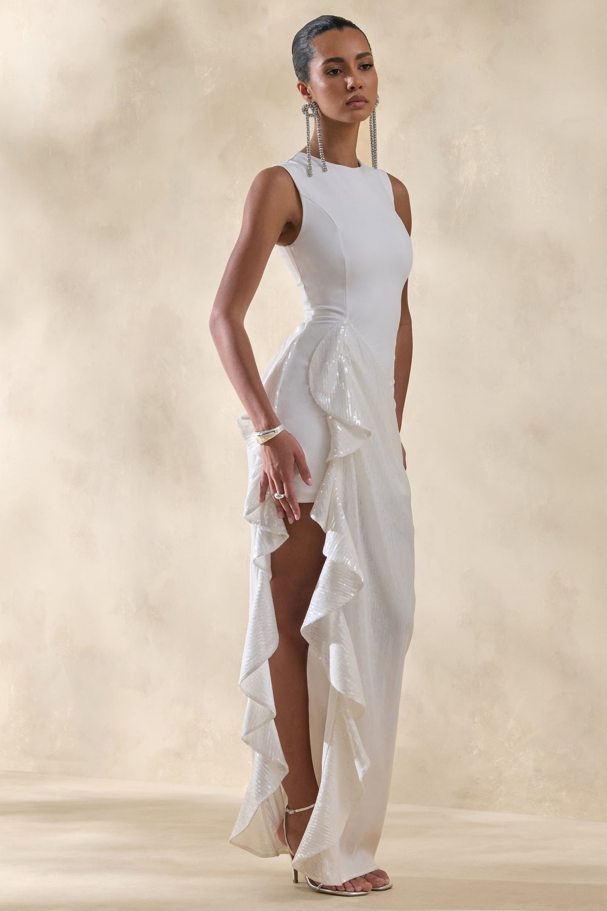 Ada | White Crew-Neck Maxi Dress With Sheer Skirt And Ruffled Detailing Ada | White Crew-Neck Maxi Dress With Sheer Skirt And Ruffled Detailing