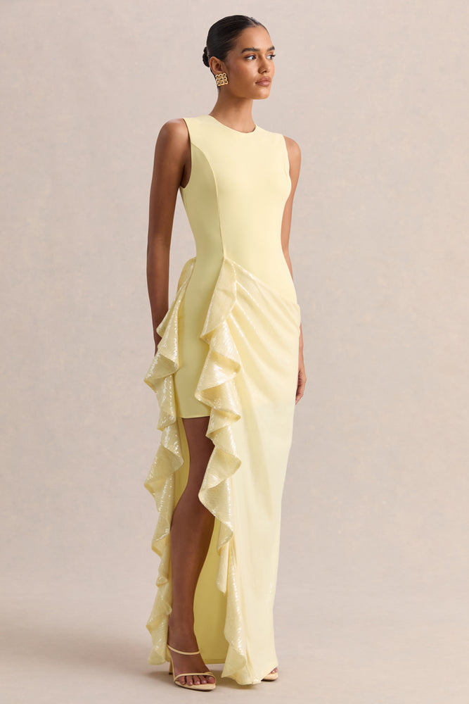 dasha maxi dress lemon Ada | Lemon Crew-Neck Maxi Dress With Sheer Skirt And Ruffled Detailing