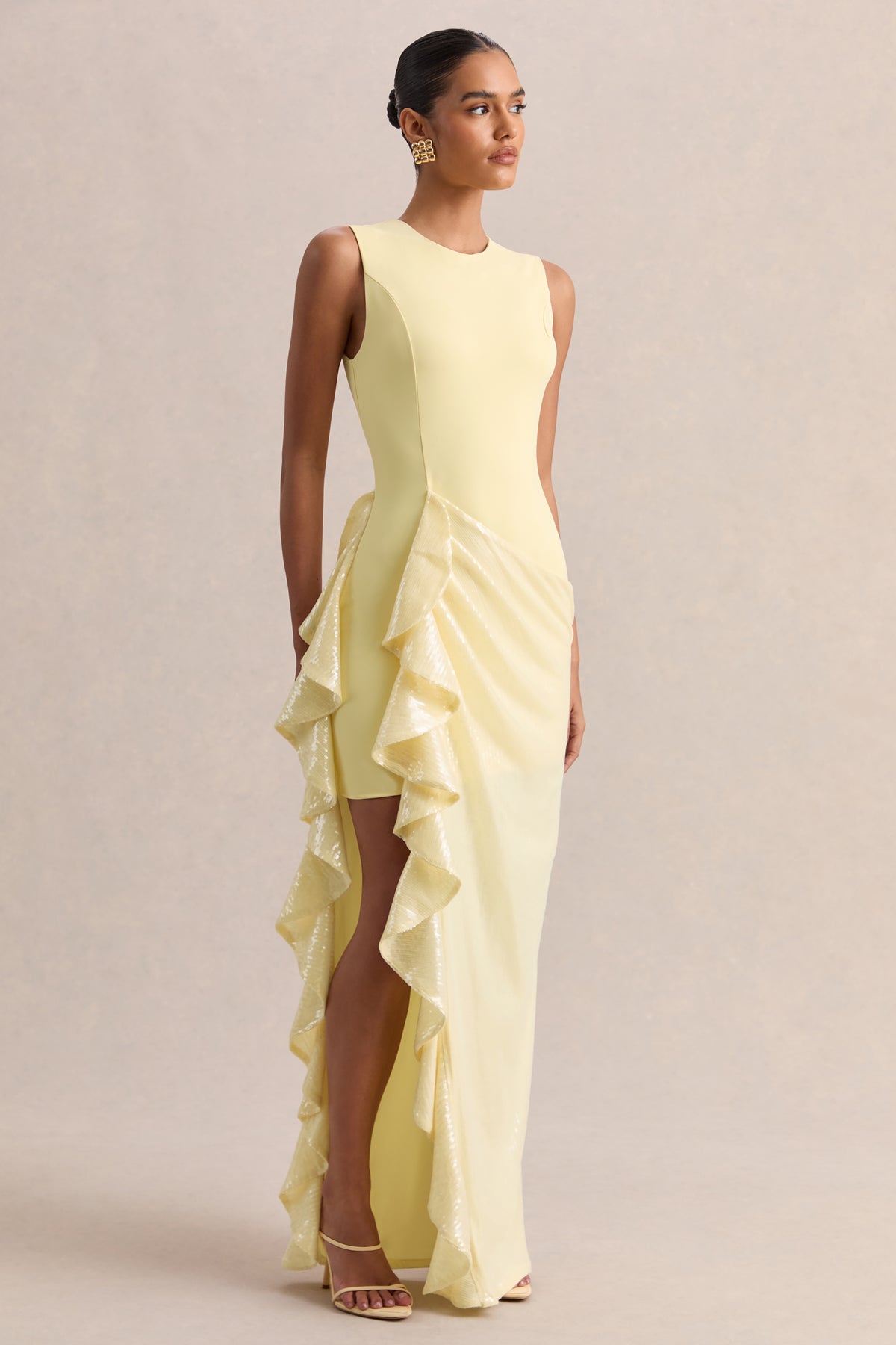 Ada | Lemon Crew-Neck Maxi Dress With Sheer Skirt And Ruffled Detailing - UK 12 Lemon Ada | Lemon Crew-Neck Maxi Dress With Sheer Skirt And Ruffled Detailing - UK 12 Lemon