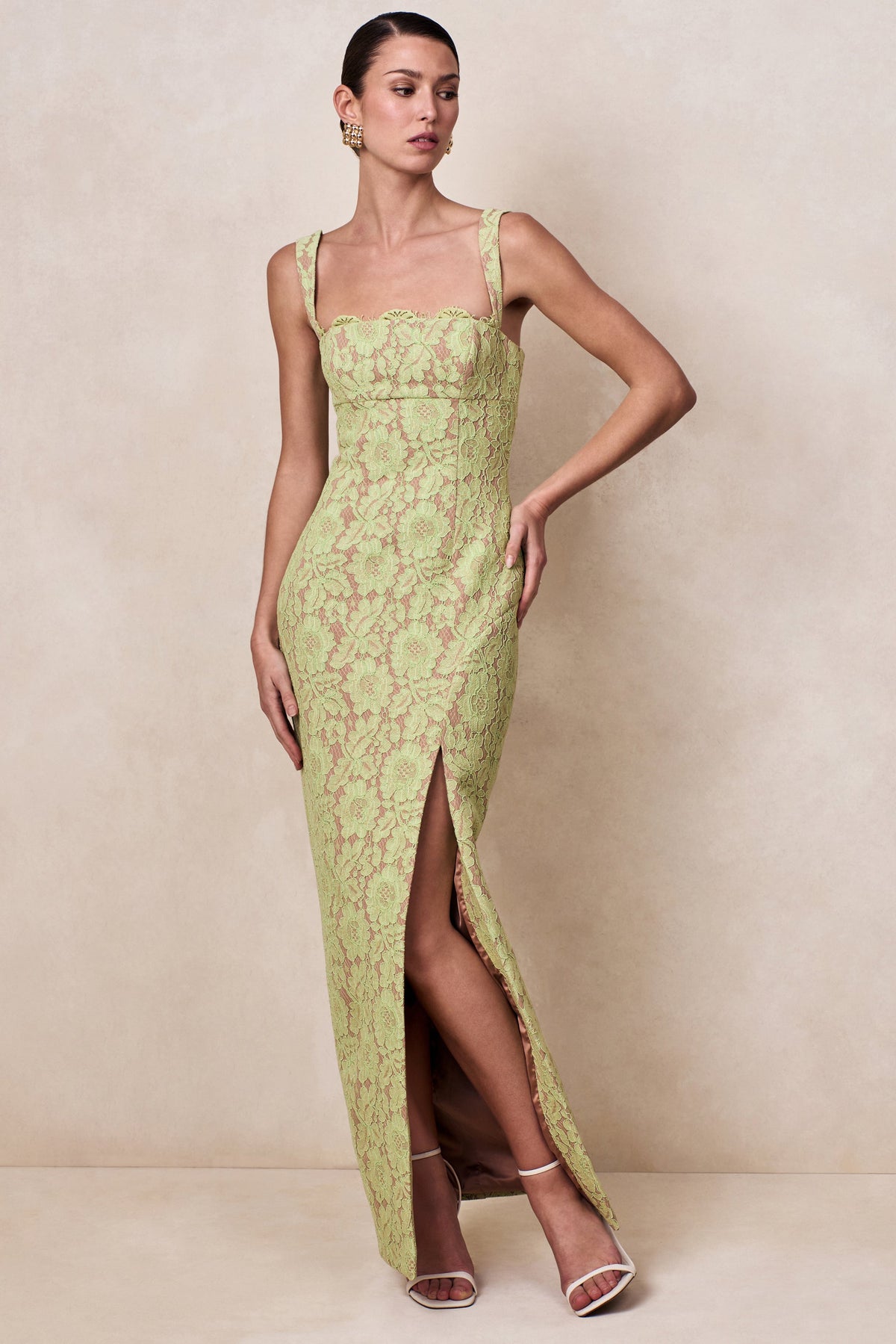 Zarisse Green Lace Square-Neck Maxi Dress Club L London - USA Zarisse Green Lace Square-Neck Maxi Dress Club L London - USA