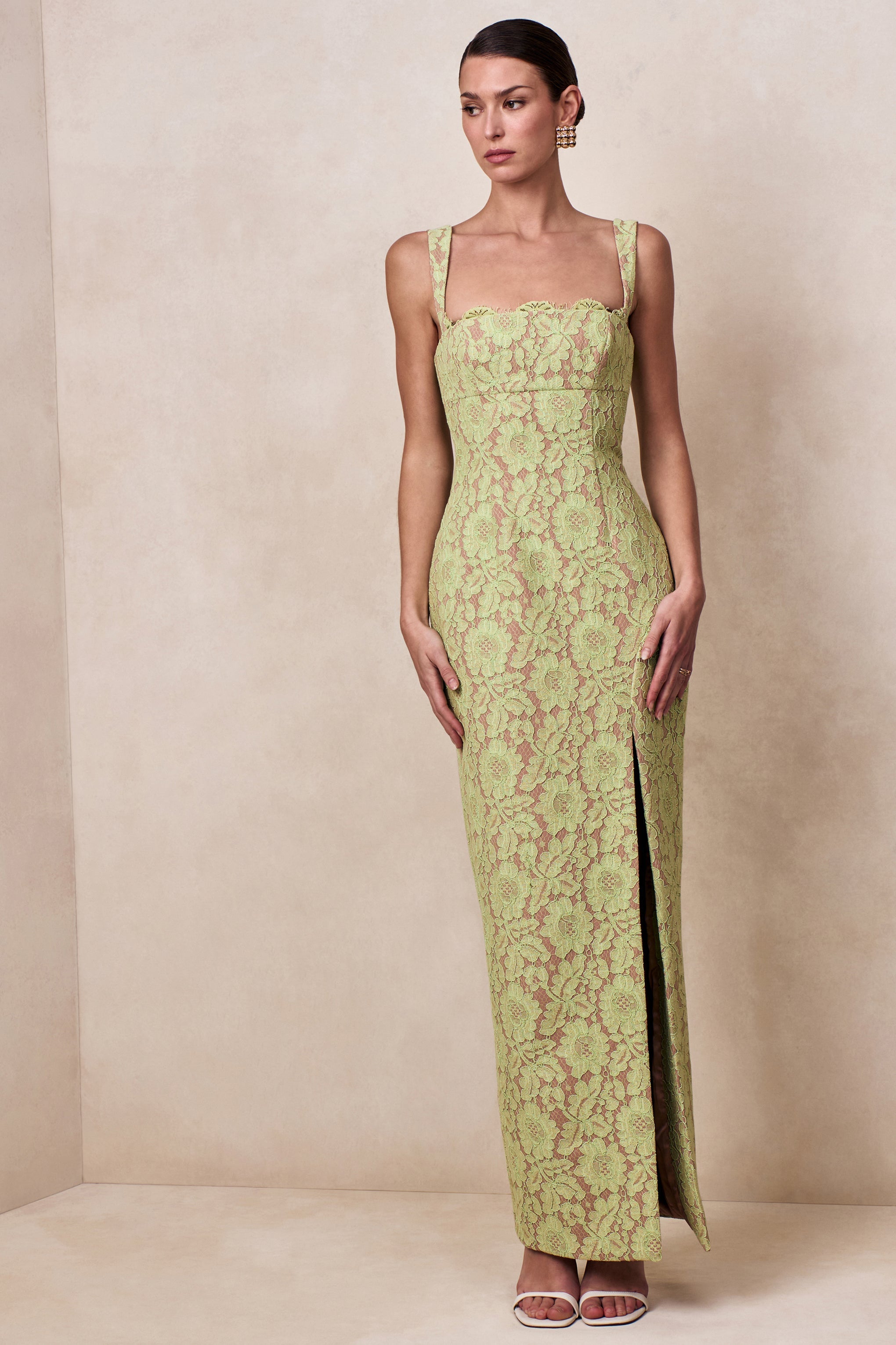 Zarisse | Green Lace Square Neck Maxi Dress With Split – Club L