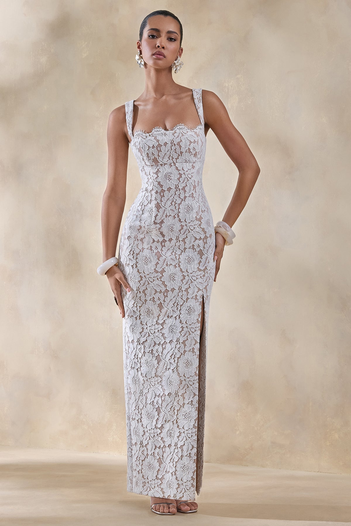Zarisse White Lace Square-Neck Maxi Dress Club L London - USA Zarisse White Lace Square-Neck Maxi Dress Club L London - USA